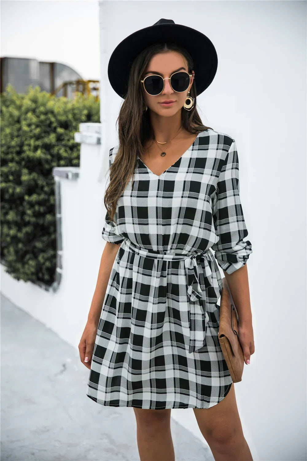 Plaid V-Neck Tie Waist Dress - Southern Shores Clothing