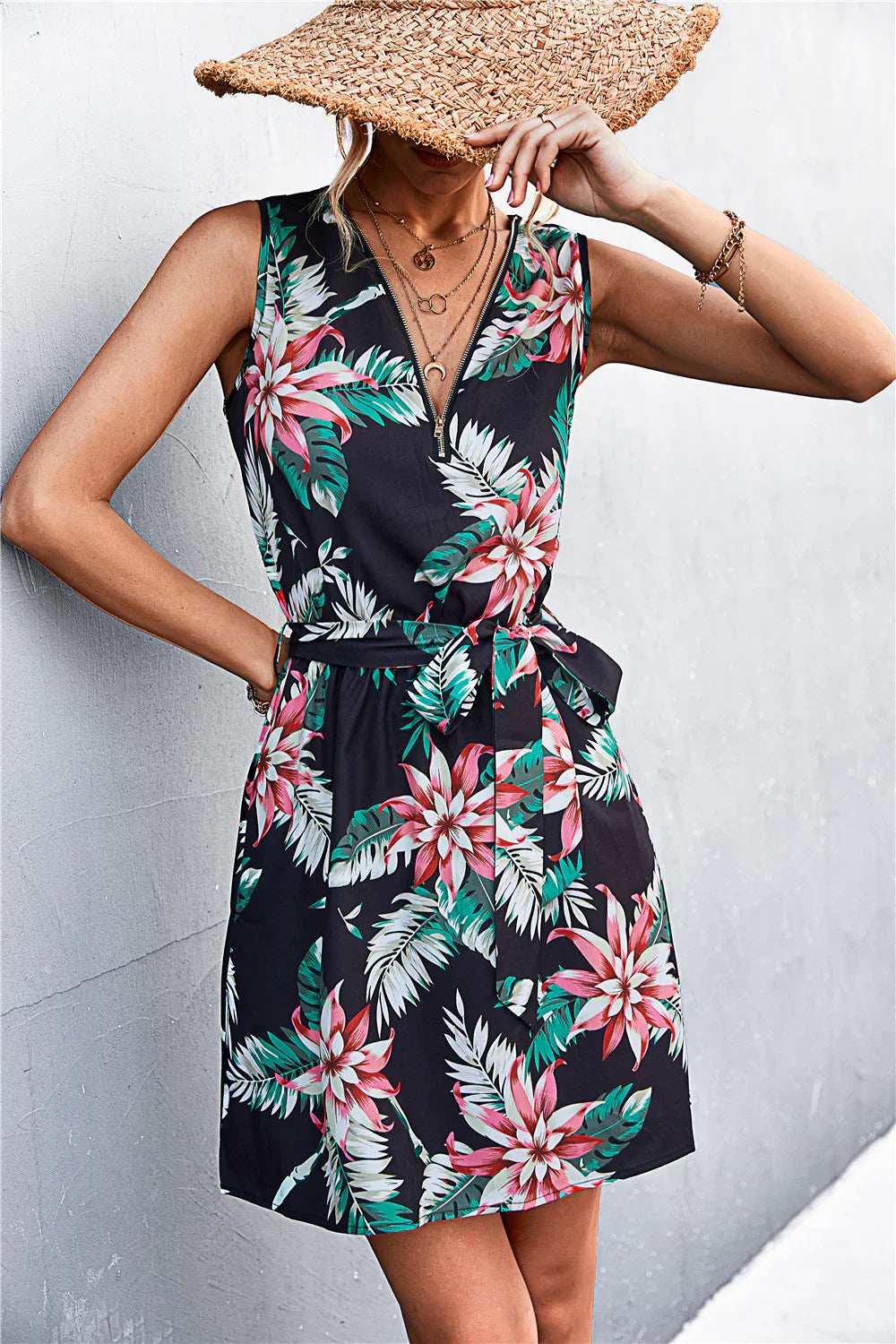 Printed Zip Detail Belted Sleeveless Dress - Southern Shores Clothing