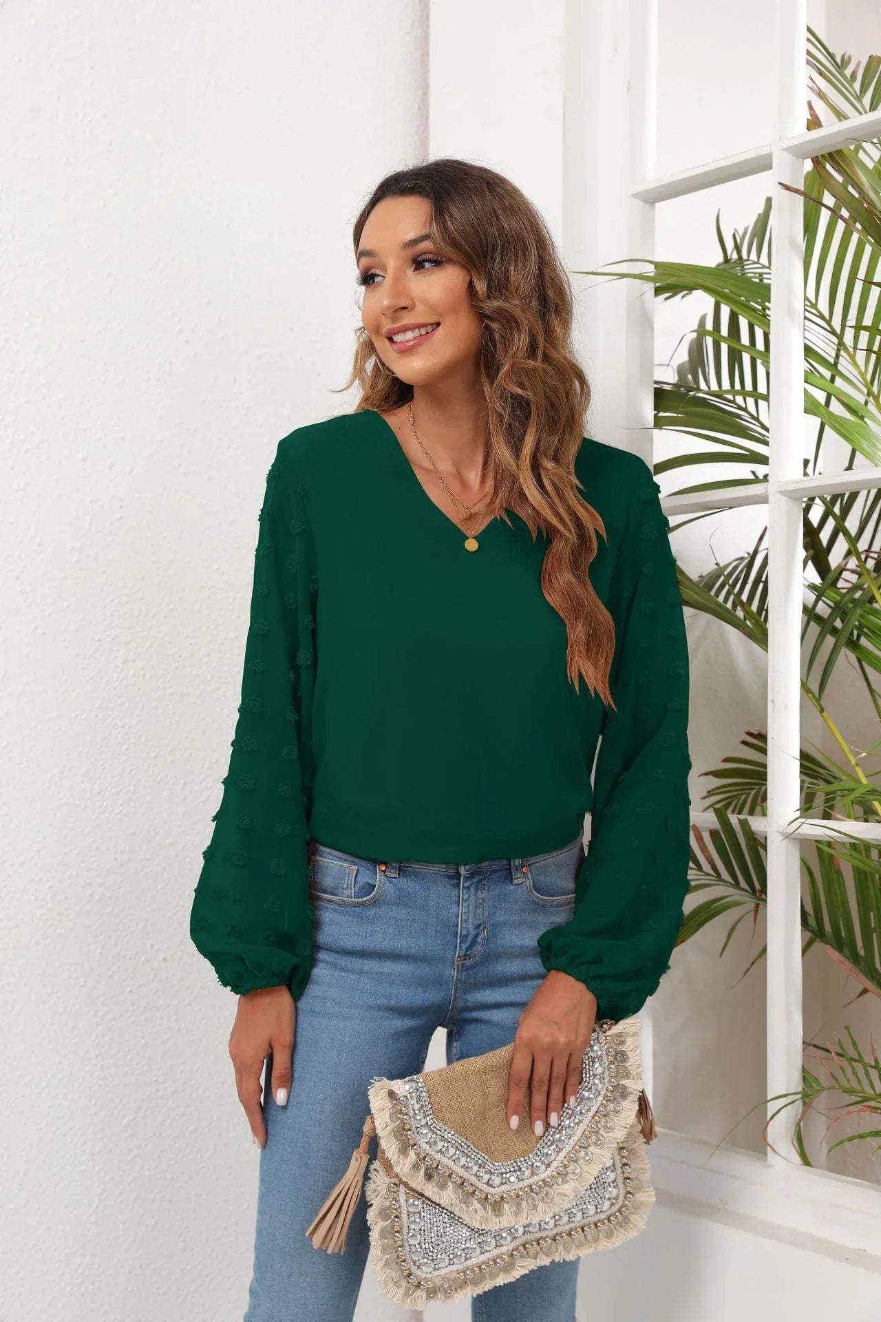 Stretch Swiss Dot V Neck Balloon Sleeve Blouse - Southern Shores Clothing