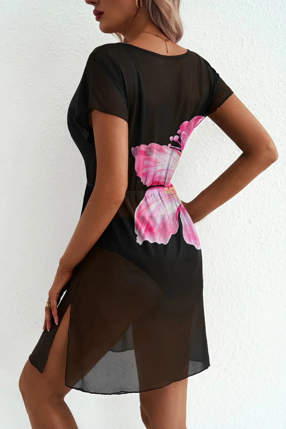Floral Print V Neck Semi Sheer Cover Up Dress With Flowing Skirt - Southern Shores Clothing