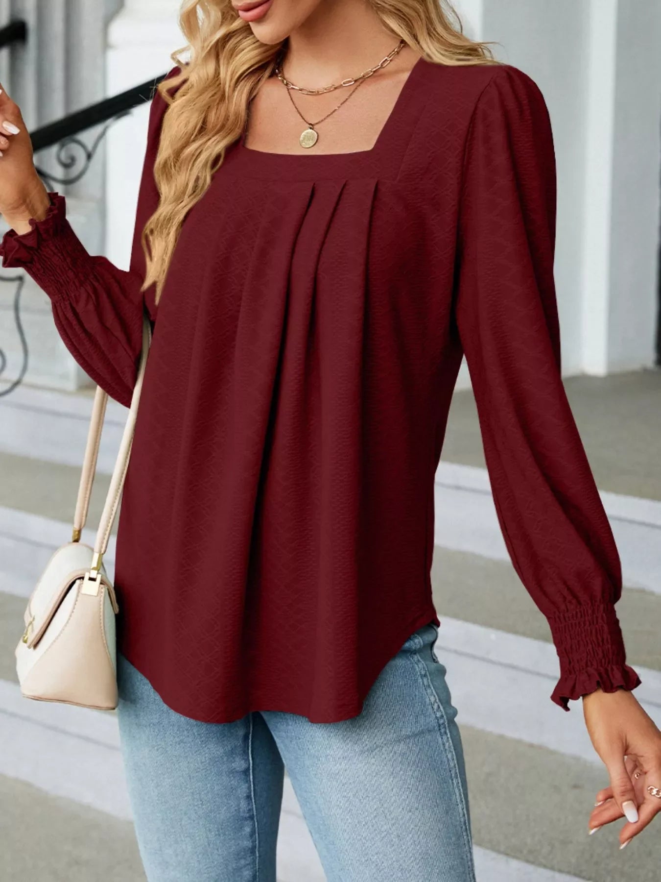 Pleated Square Neck Long Sleeve Top - Southern Shores Clothing