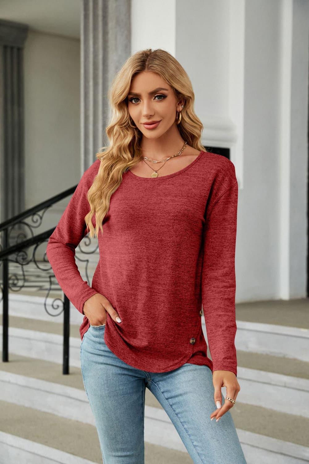 Solid Pattern Round Neck Long Sleeve Stretch Tee - Southern Shores Clothing