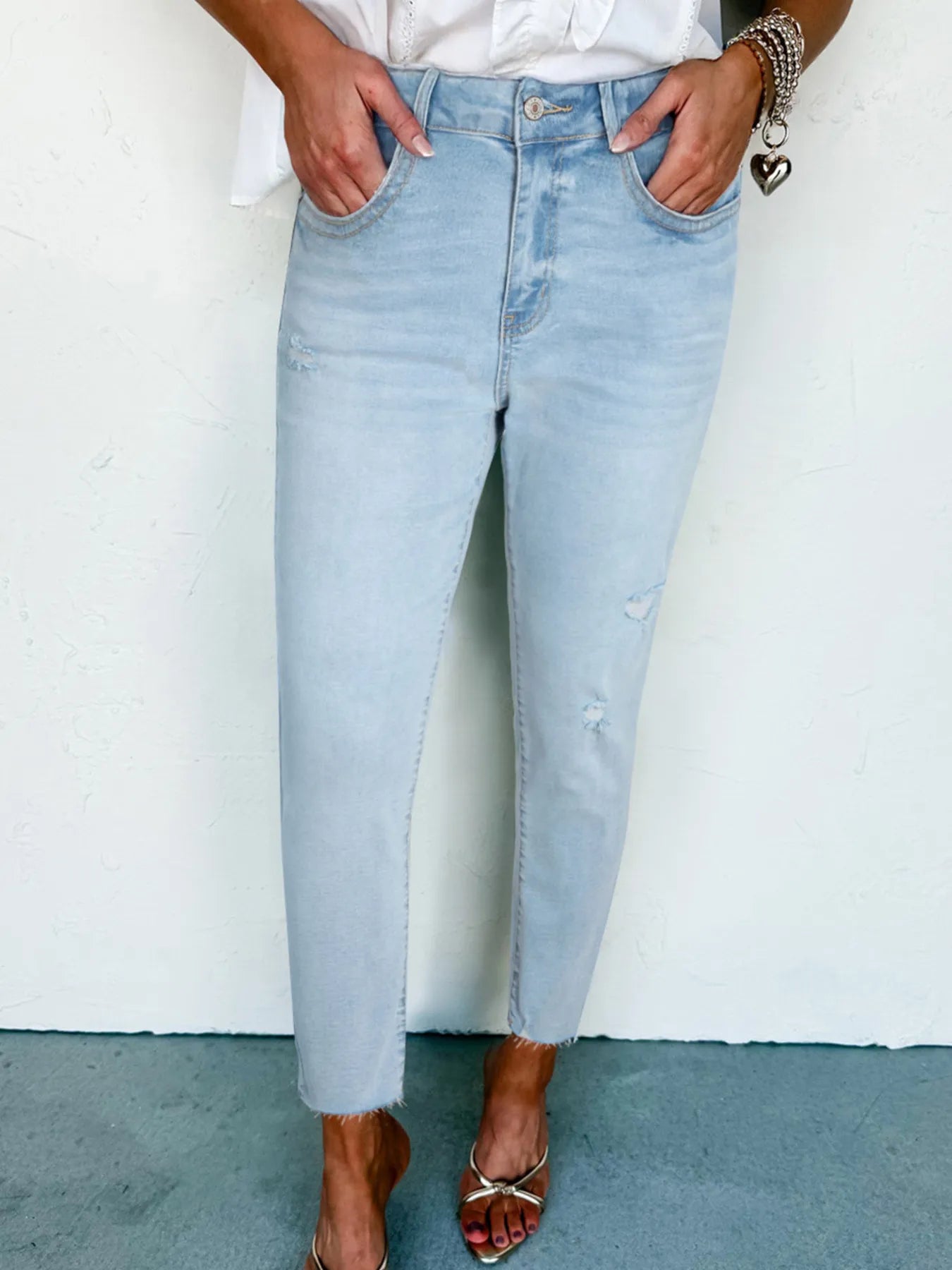 Coastal Mid Rise Ankle-Length Distressed Skinny Jeans