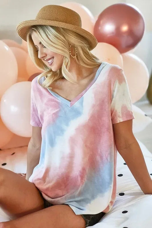 Tie Dye V Neck Top Relaxed Fit Cotton Shirt - Southern Shores Clothing