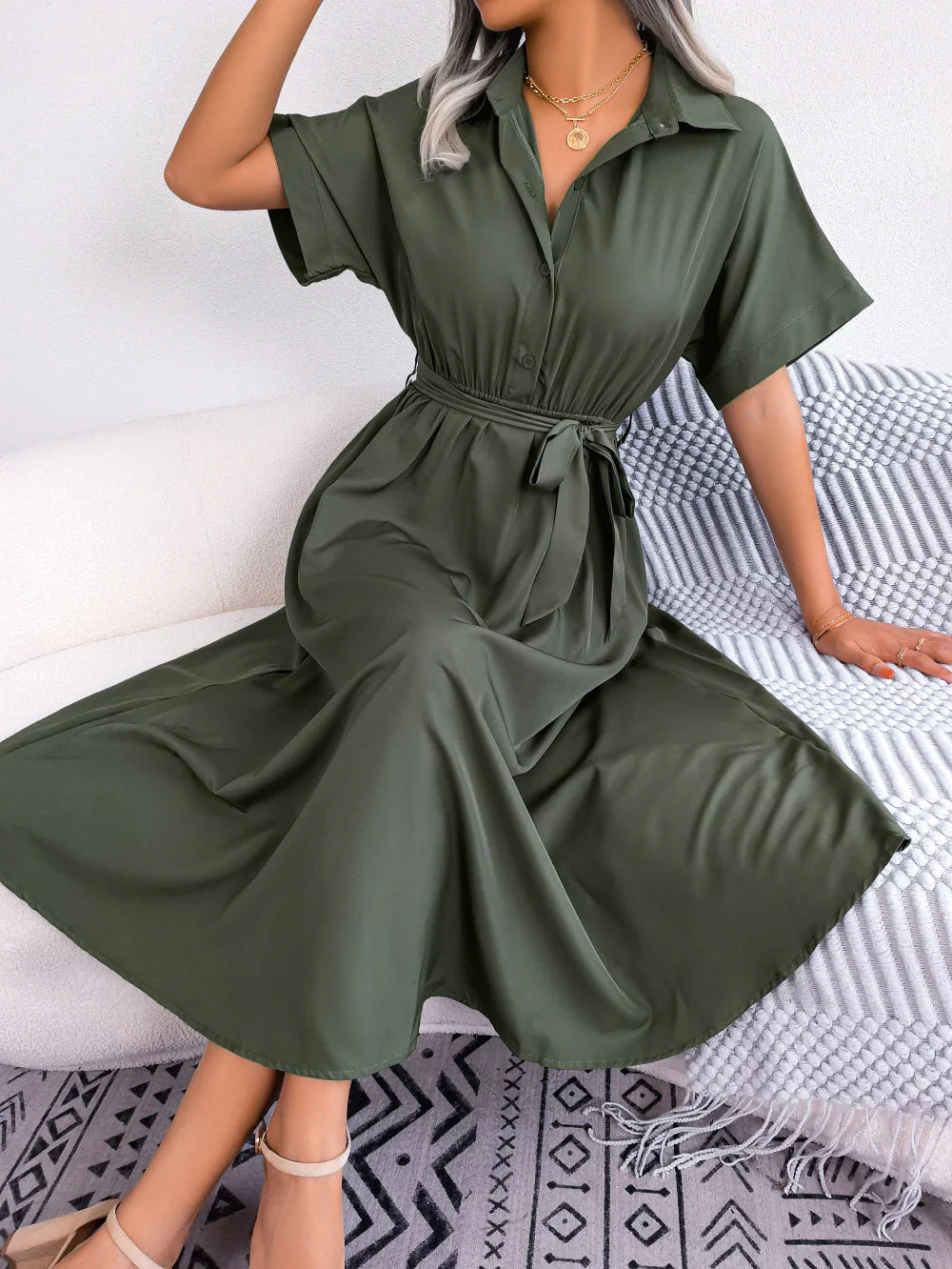 Short Sleeve Collared Tie Belt Dress - Southern Shores Clothing