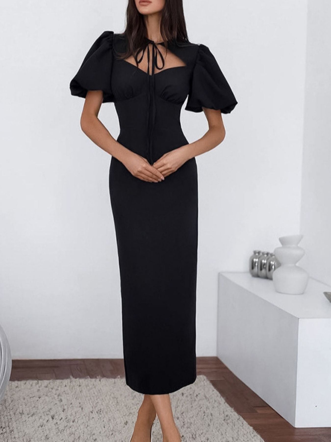 Elegant Cutout Front Puff Sleeve Dress For Formal Occasions