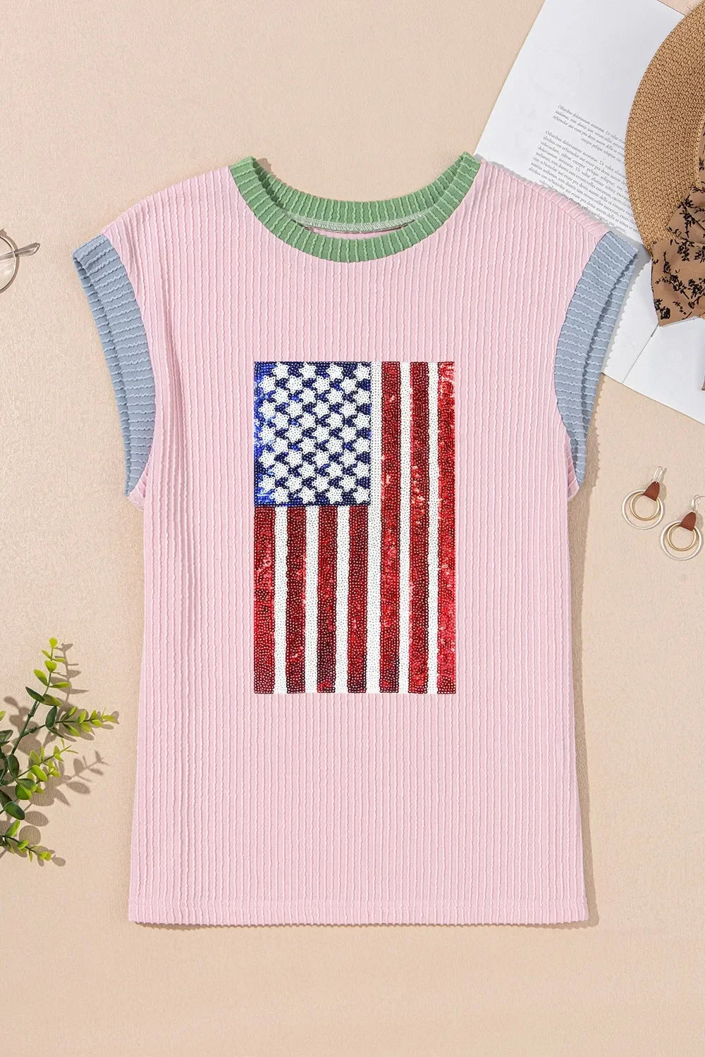 Colorblock Sequin American Flag T Shirt With Rib Texture - Southern Shores Clothing