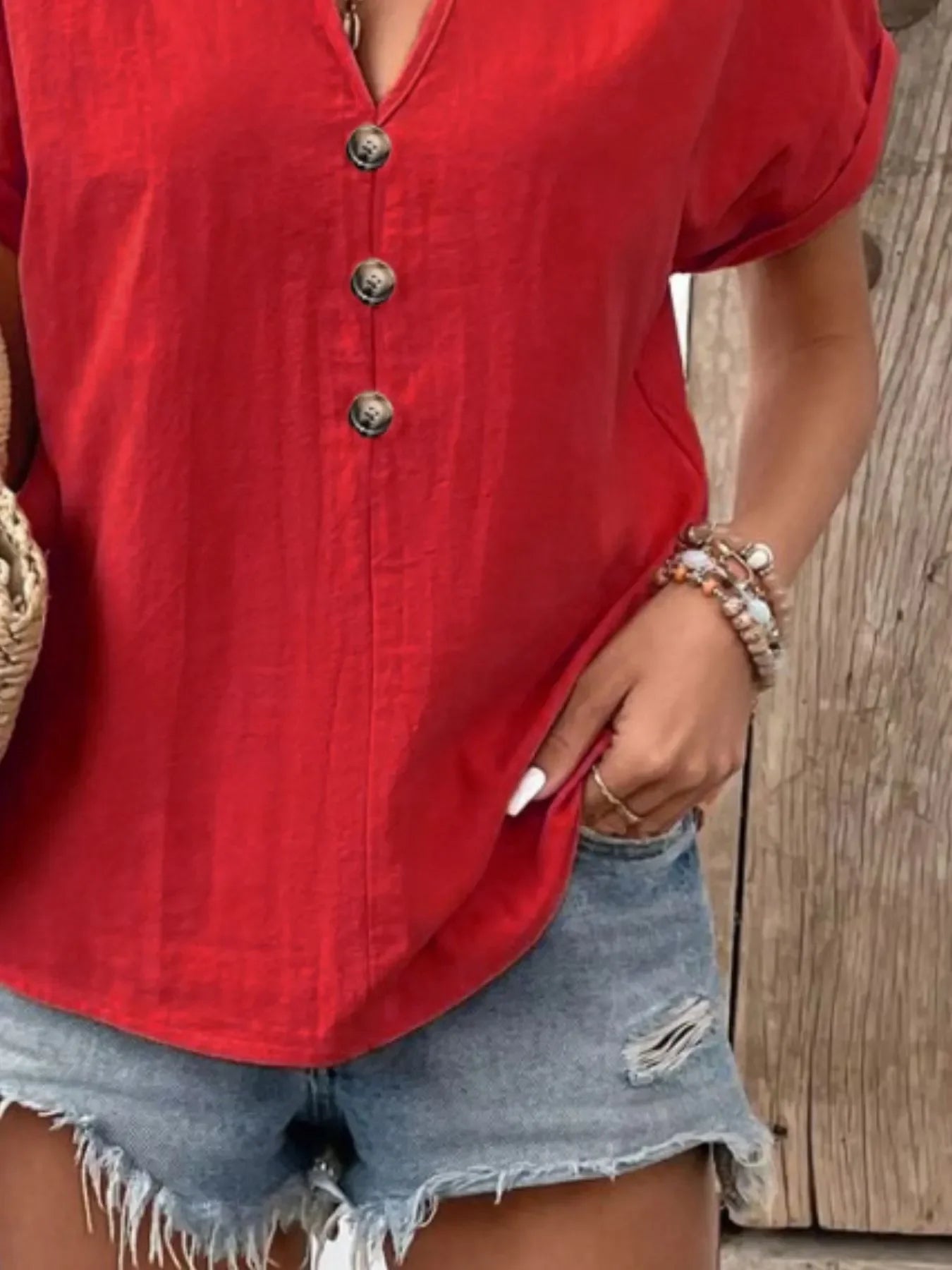 Plus Size Notched Short Sleeve T Shirt With Button Front - Southern Shores Clothing