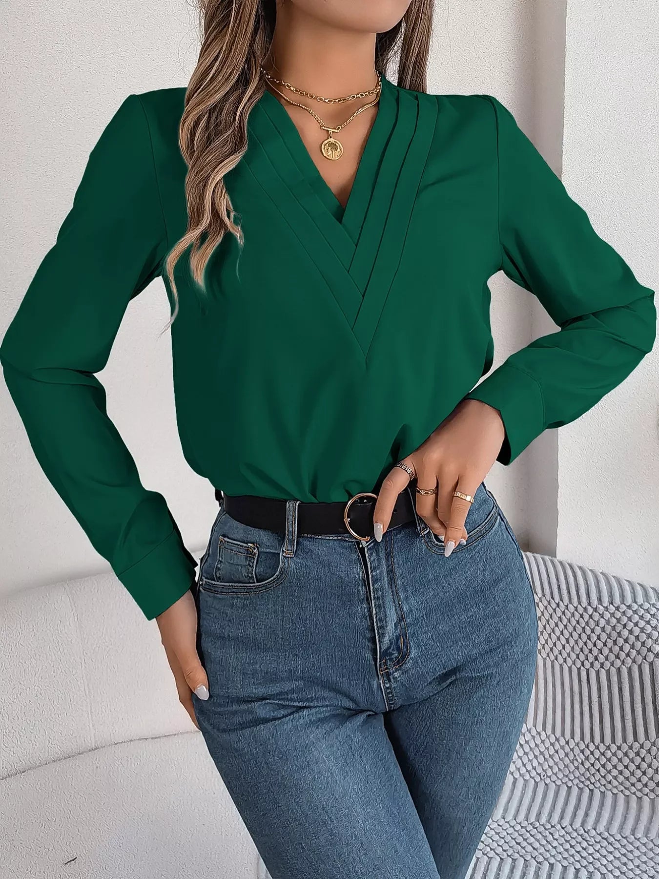 Layered V-Neck Long Sleeve Polyester Blouse - Southern Shores Clothing