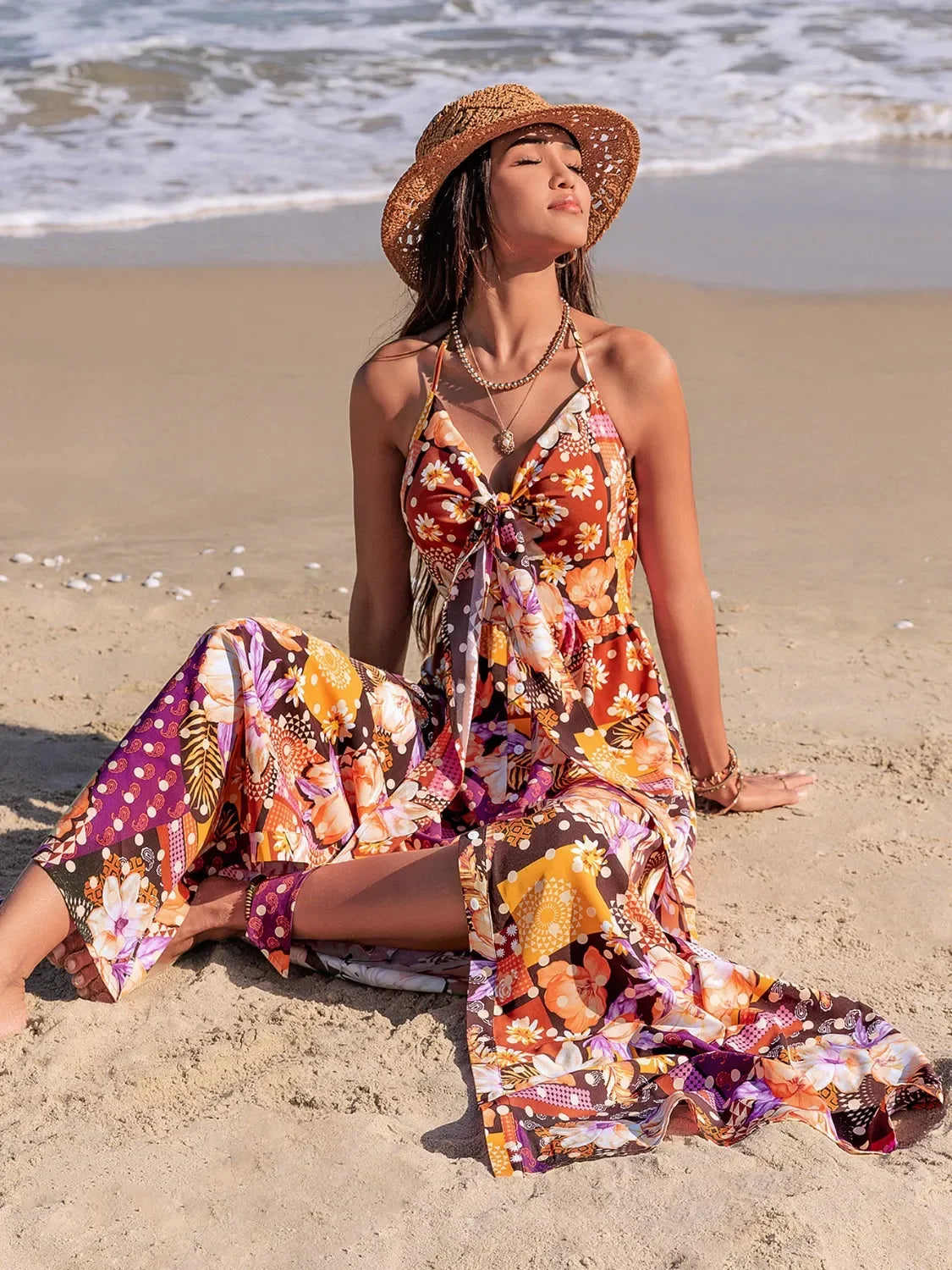 Slit Printed Halter Neck Cami Dress With Tie Front Allover - Southern Shores Clothing