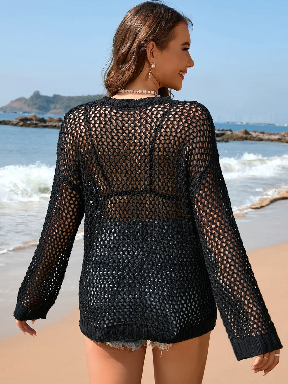 Heart Openwork Long Sleeve Acrylic Beach Cover Up - Southern Shores Clothing