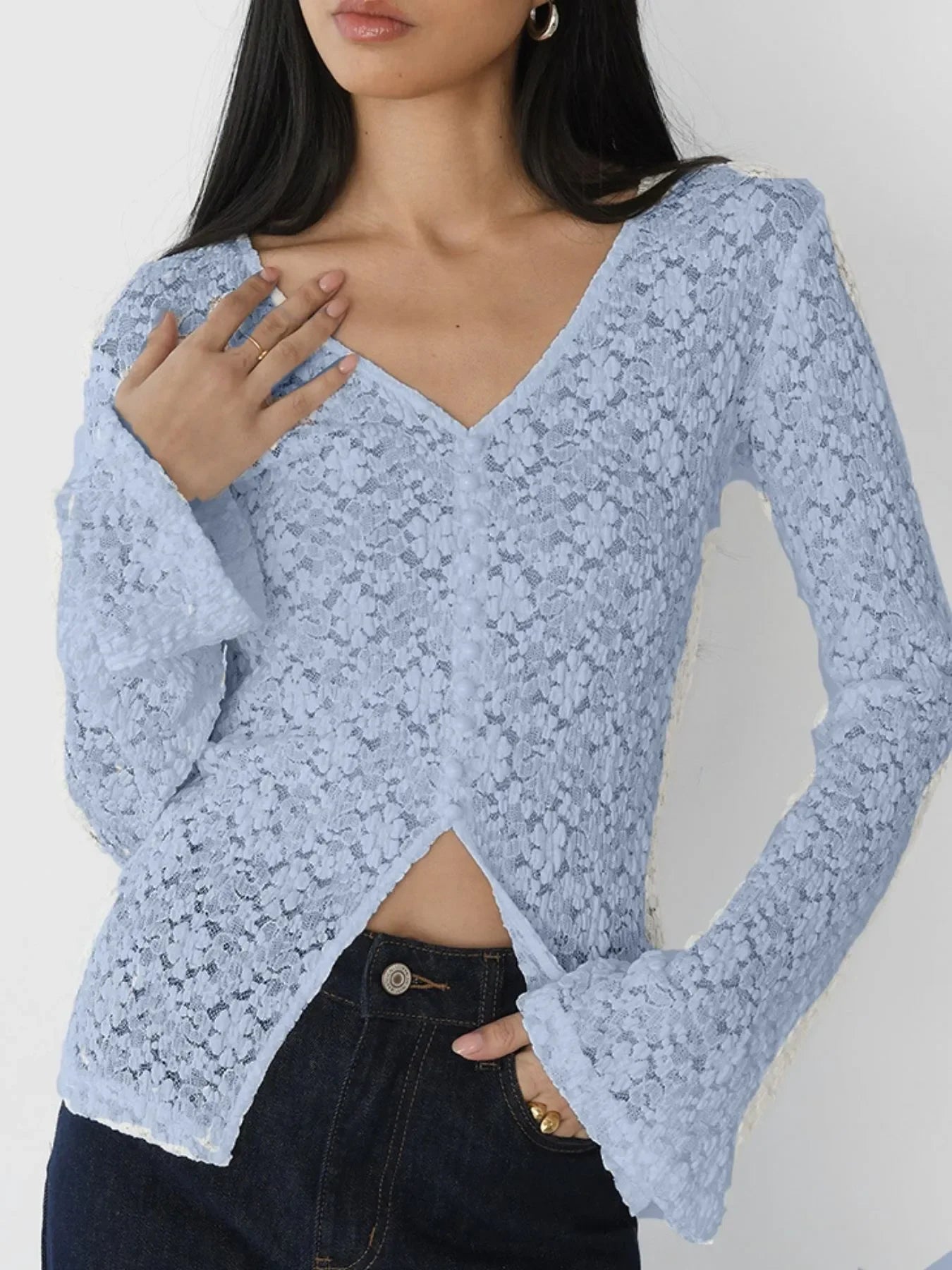 Lace V-Neck Flare Sleeve Buttoned Slit T Shirt - Southern Shores Clothing