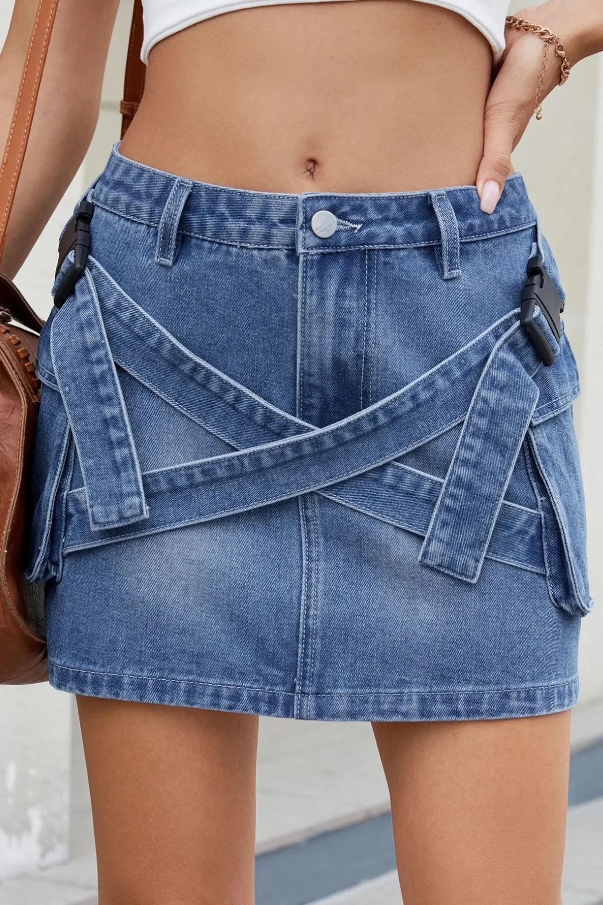 Denim Mini Skirt With Criss-Cross Waist Detail - Southern Shores Clothing