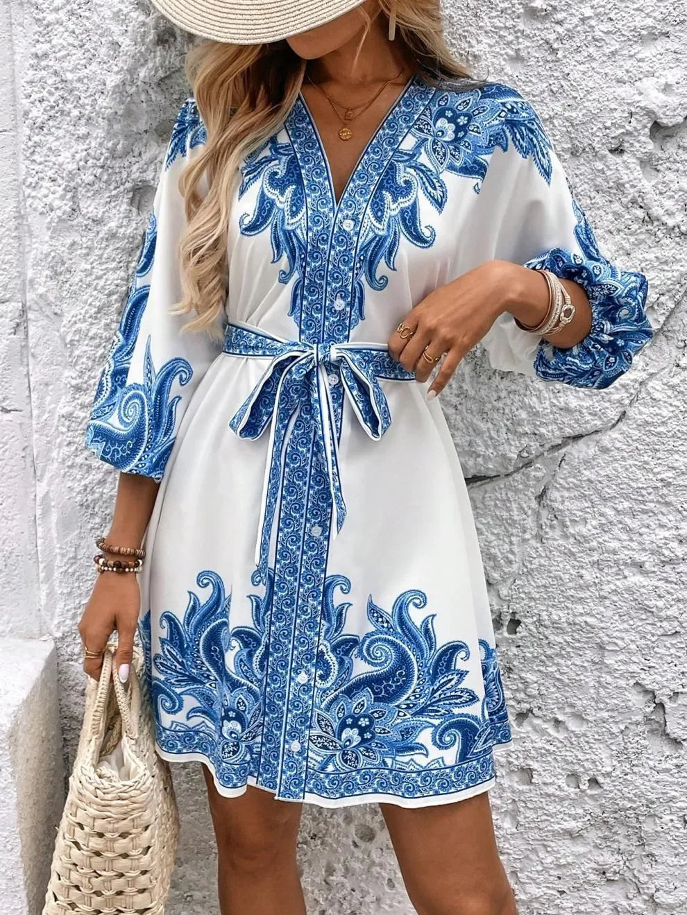 Paisley Print V Neck Mini Dress Tie Belt Three Quarter Sleeve - Southern Shores Clothing