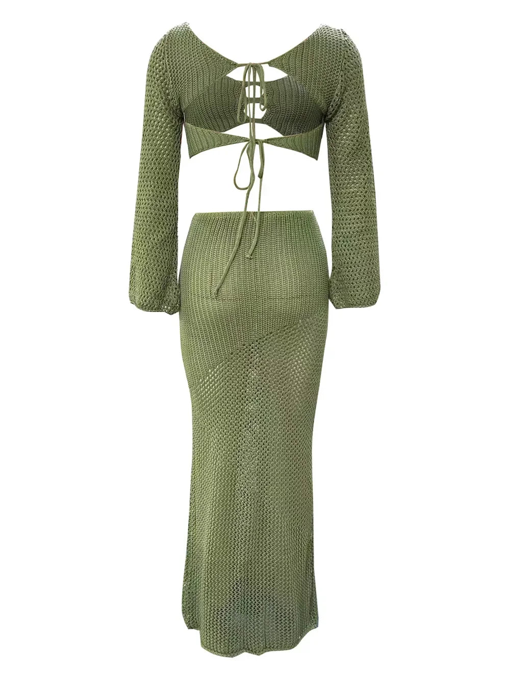 Crochet Tie Front Long Sleeve Top And Maxi Skirt Two Piece Set - Southern Shores Clothing
