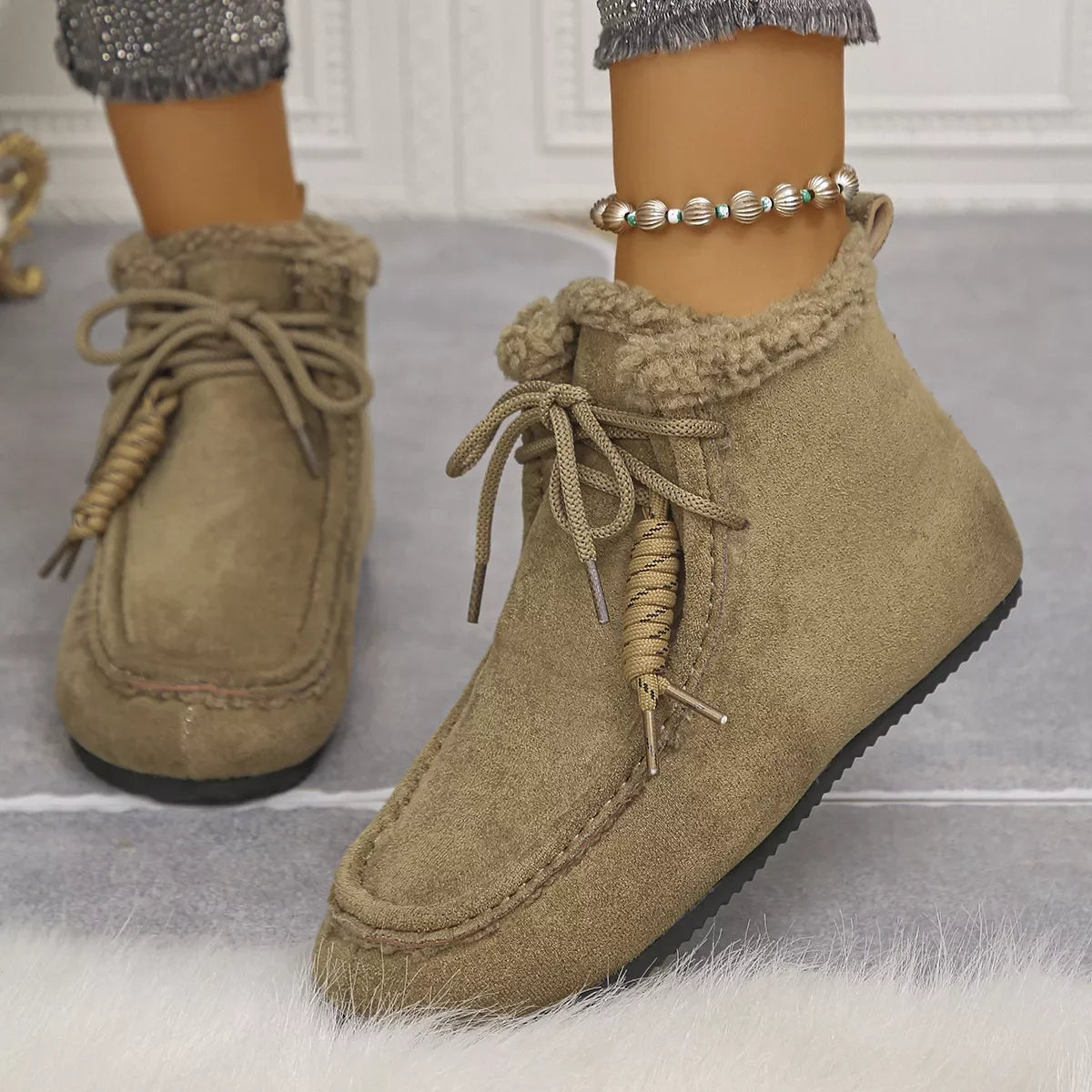 Plush Lined Fluff Suede Ankle Boots With Flat Heel - Southern Shores Clothing