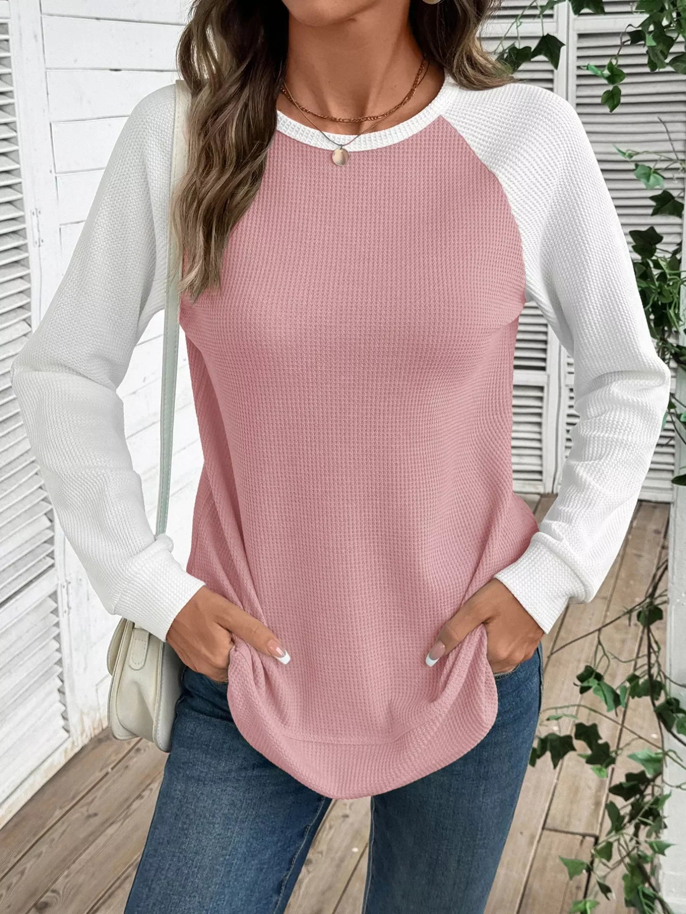 Contrast Raglan Sleeves Waffle Knit T Shirt - Southern Shores Clothing