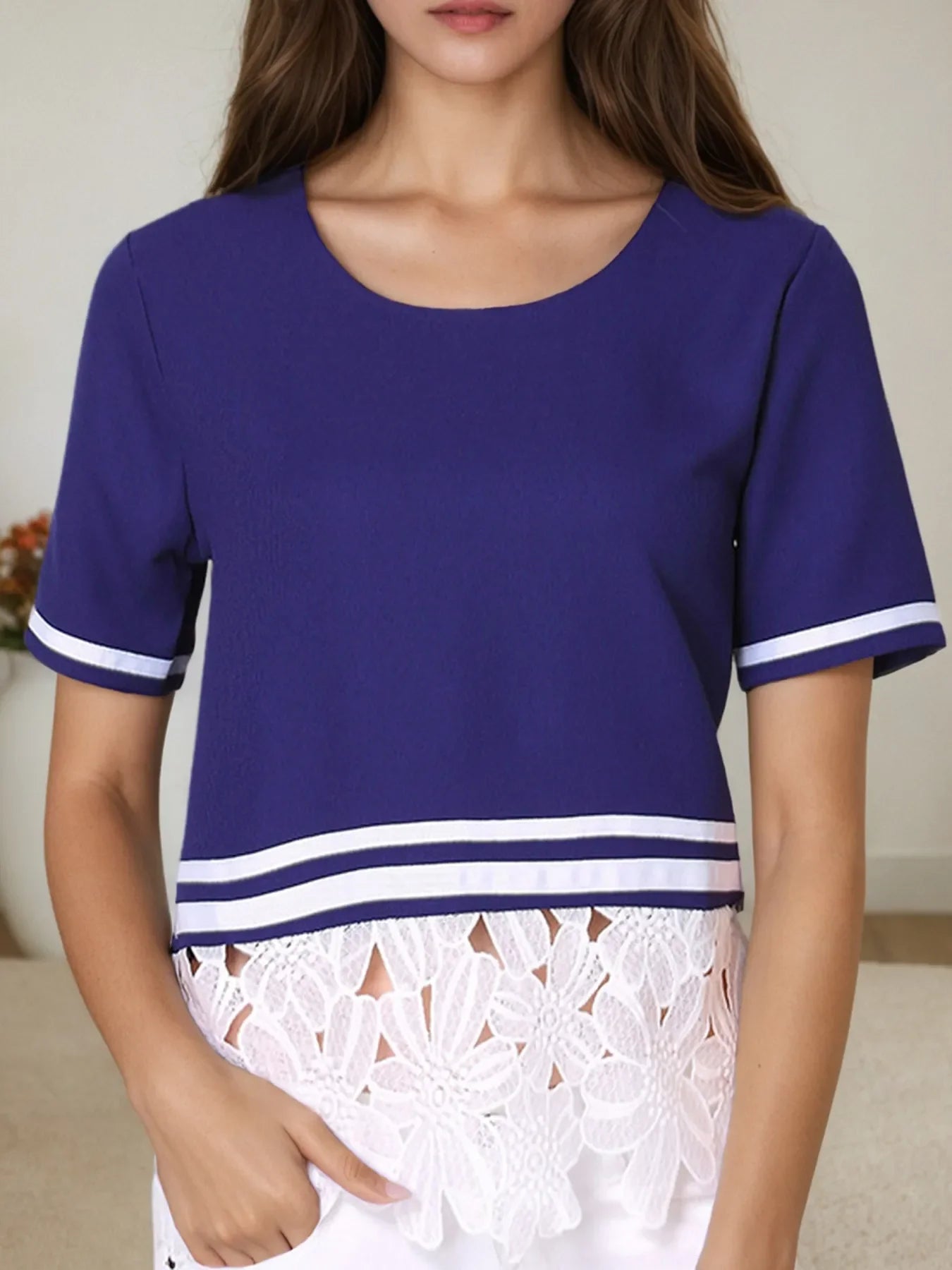 Striped Trim T Shirt With Lace Hem Detail - Southern Shores Clothing