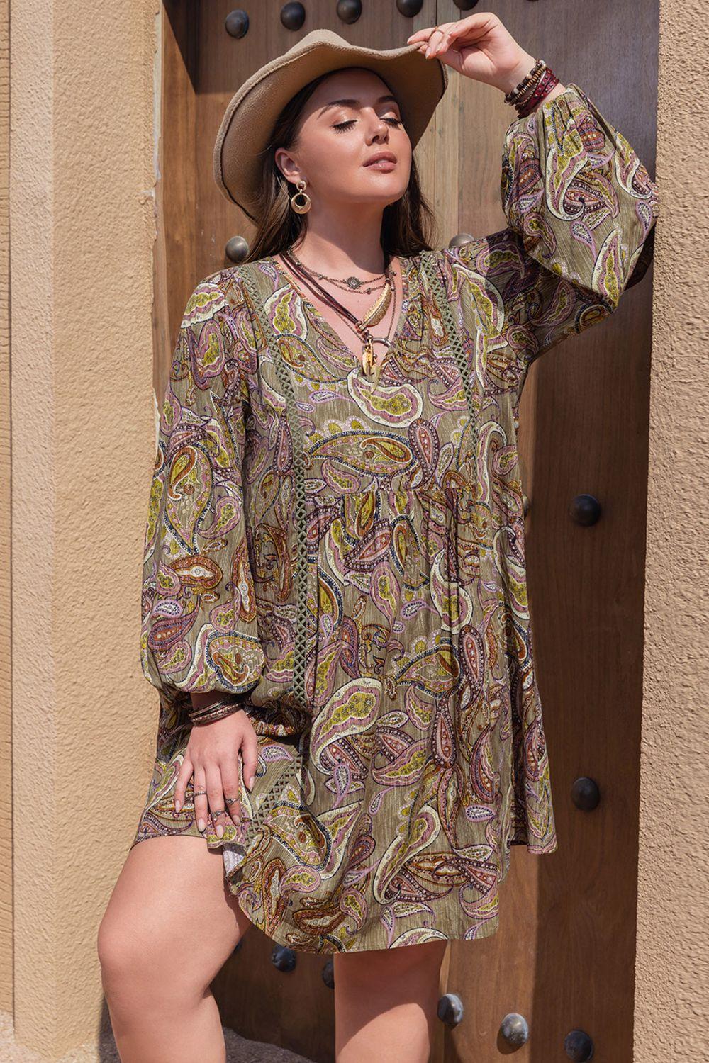 Plus Size Printed V-Neck Long Sleeve Midi Dress - Southern Shores Clothing