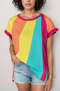 Frill Block Crew Neck Loose Fit T Shirt Casual - Southern Shores Clothing