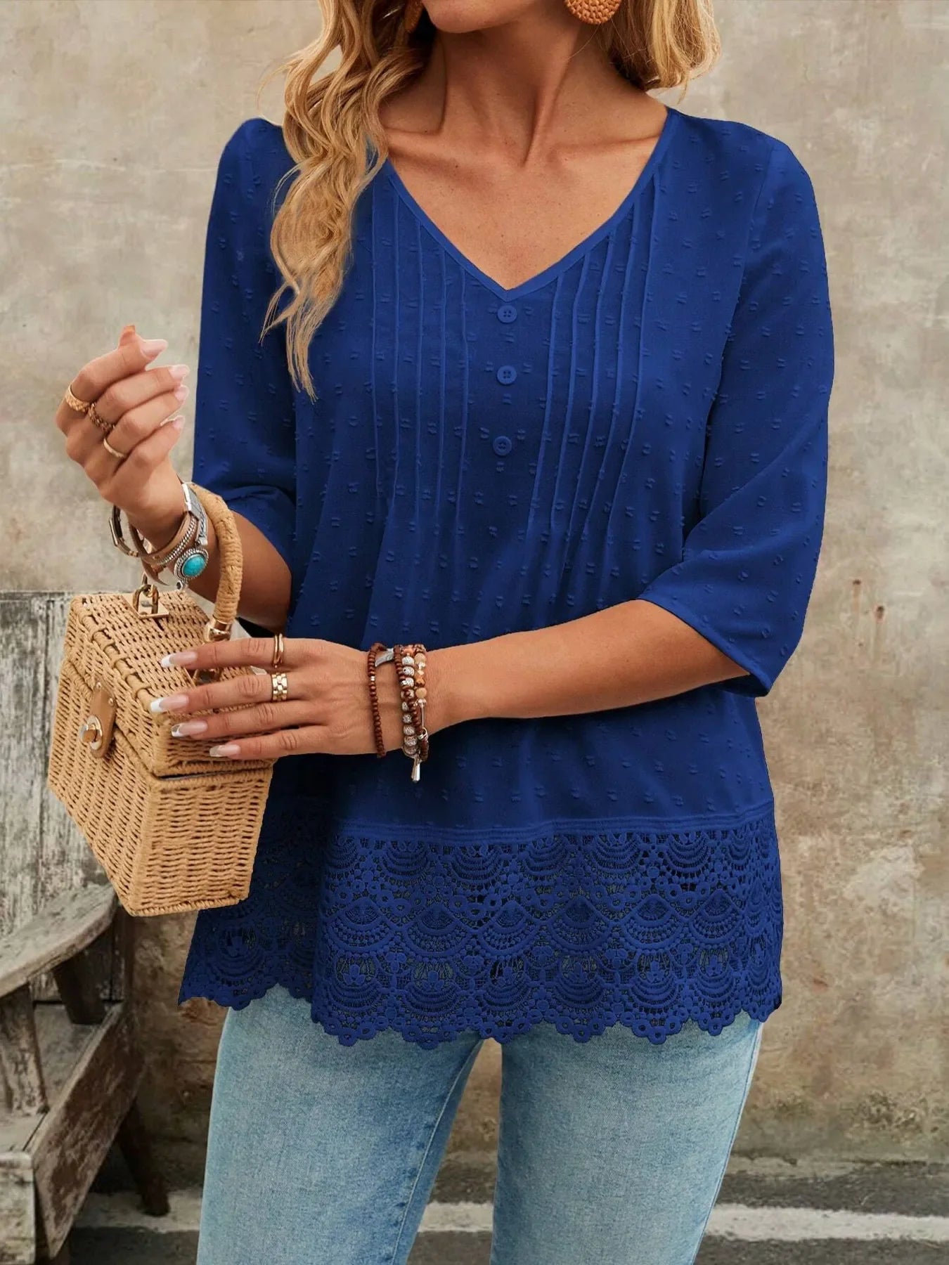 V-Neck Lace Hem Blouse With Decorative Button - Southern Shores Clothing