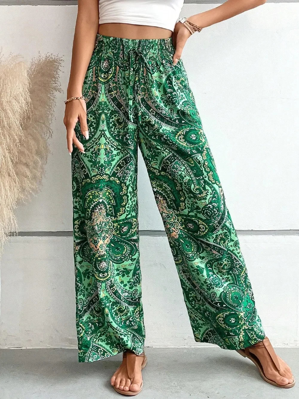 Printed Wide Leg Pants With Paisley Print Drawstring Waist - Southern Shores Clothing