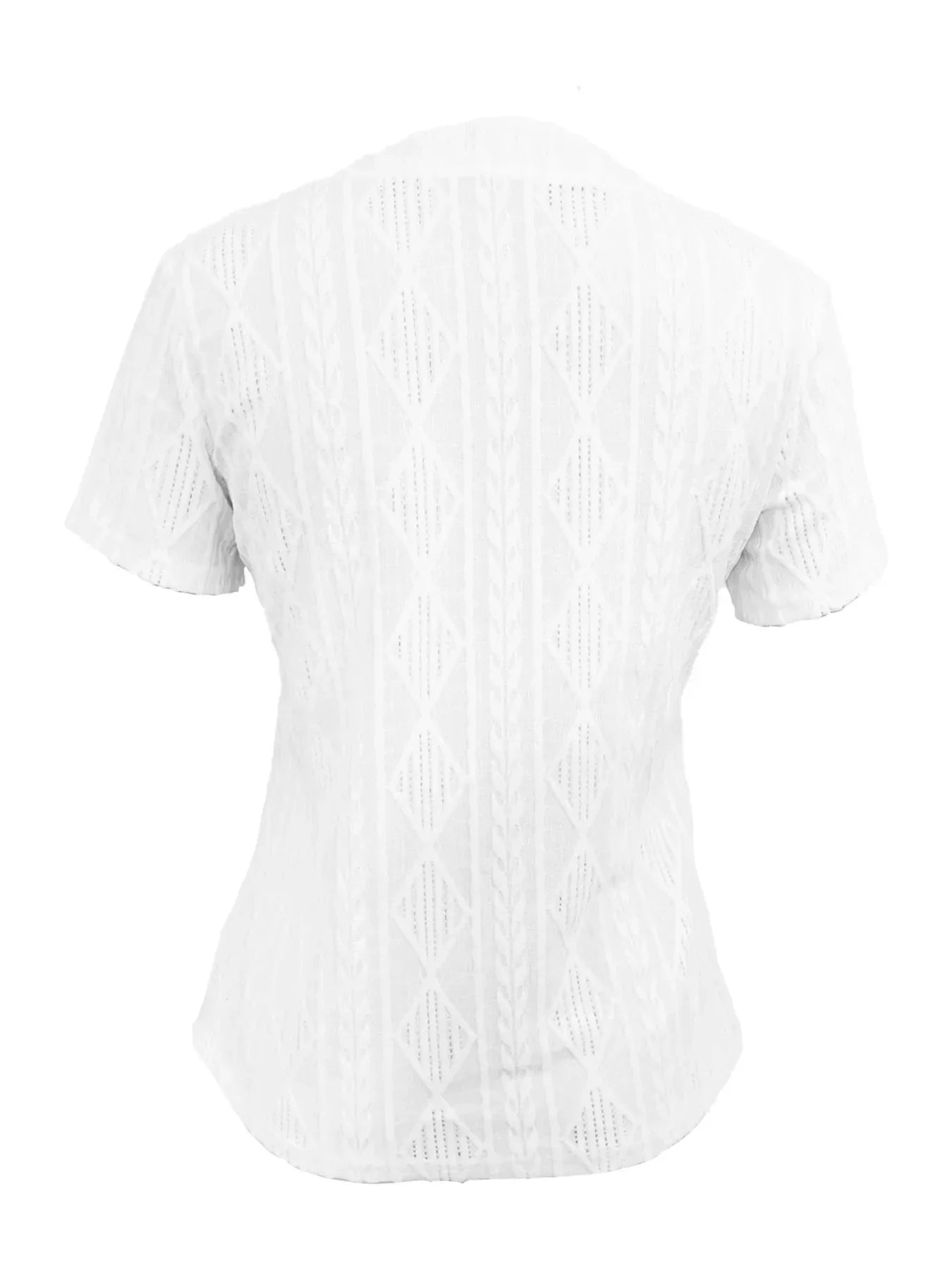 Textured Notched Short Sleeve Ribbed Buttoned Blouse - Southern Shores Clothing