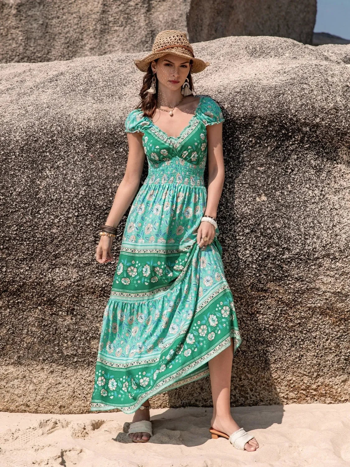 Smocked Printed V-Neck Dress With Ruched Bodice And Tiered Skirt - Southern Shores Clothing