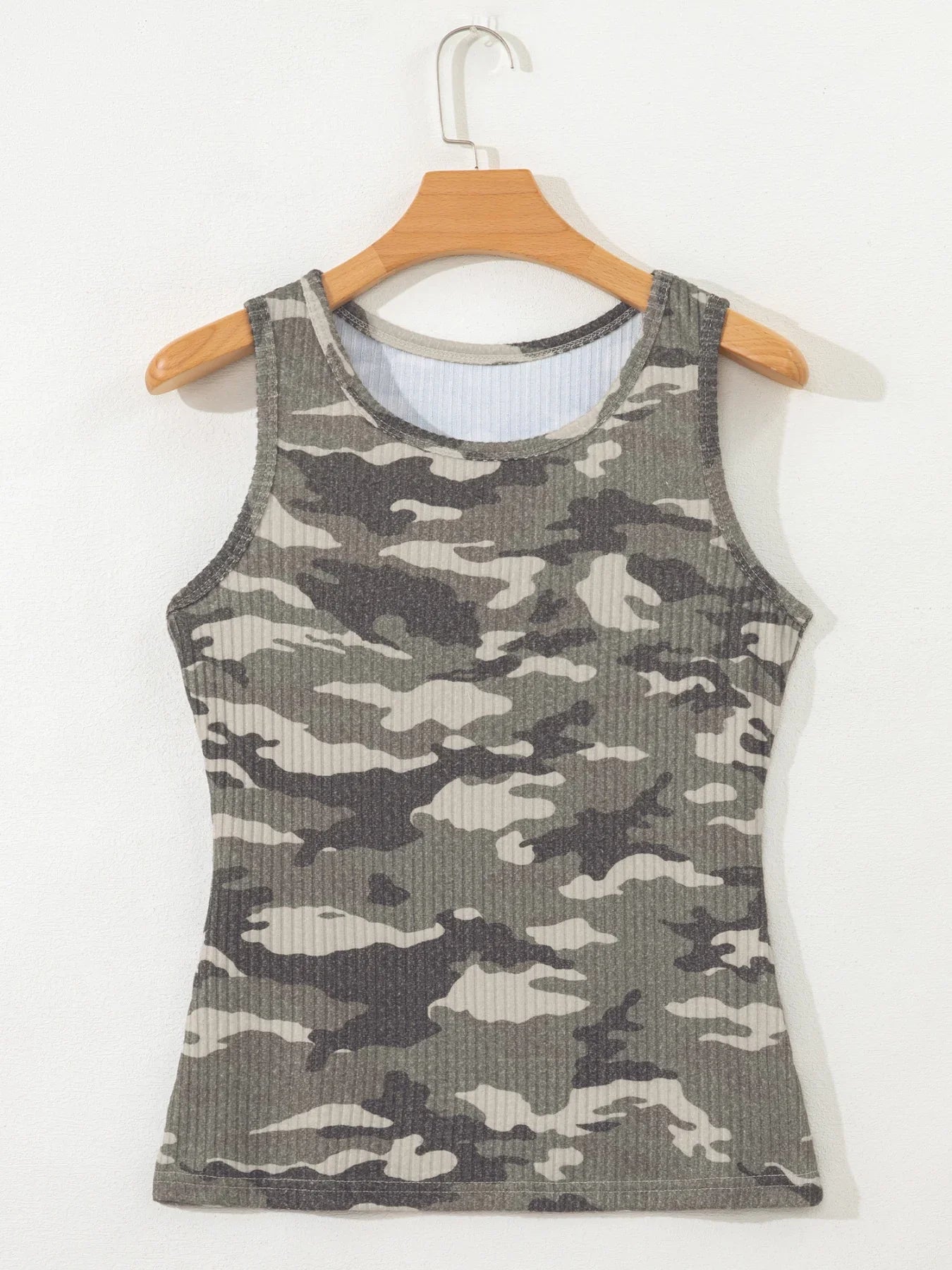 Camouflage Print Ribbed Knit Tank Top Round Neck Sleeveless - Southern Shores Clothing