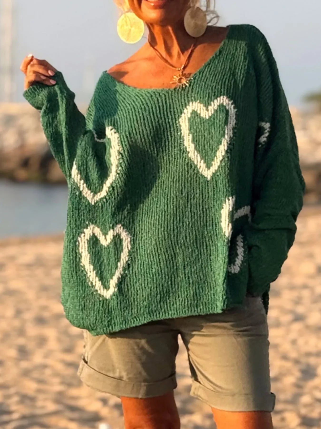 Heart V-Neck Dropped Shoulder Sweater | Southern Shores Clothing - Southern Shores Clothing