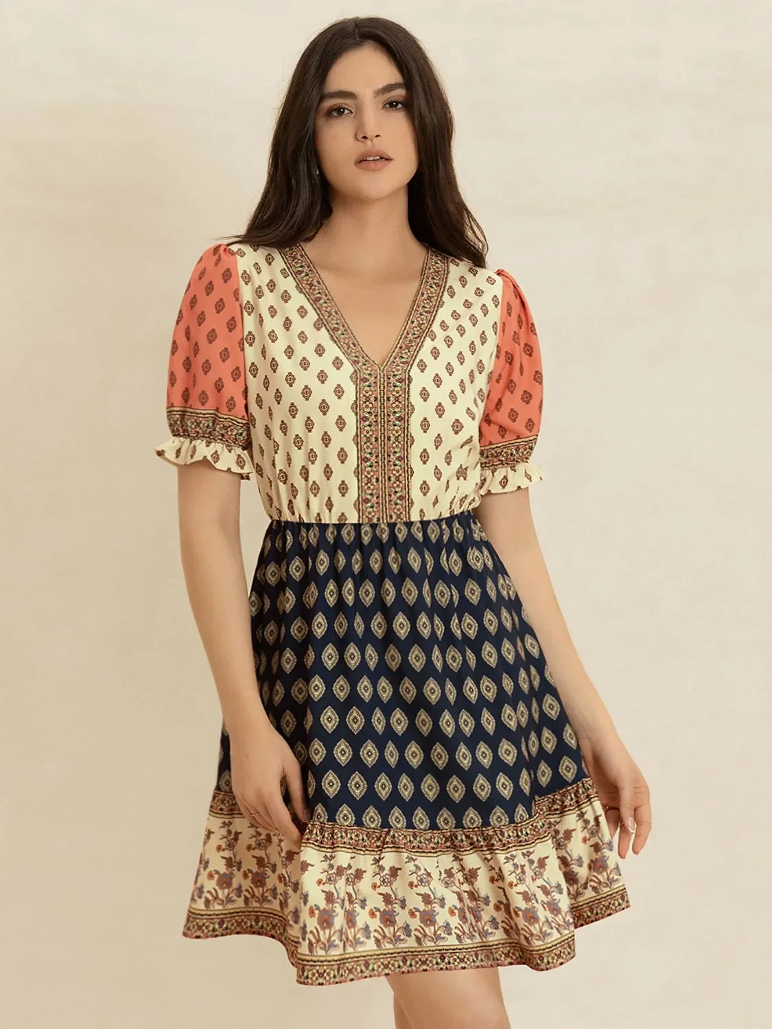 V-Neck Short Sleeve Boho Dress With Printed Paisley Pattern - Southern Shores Clothing