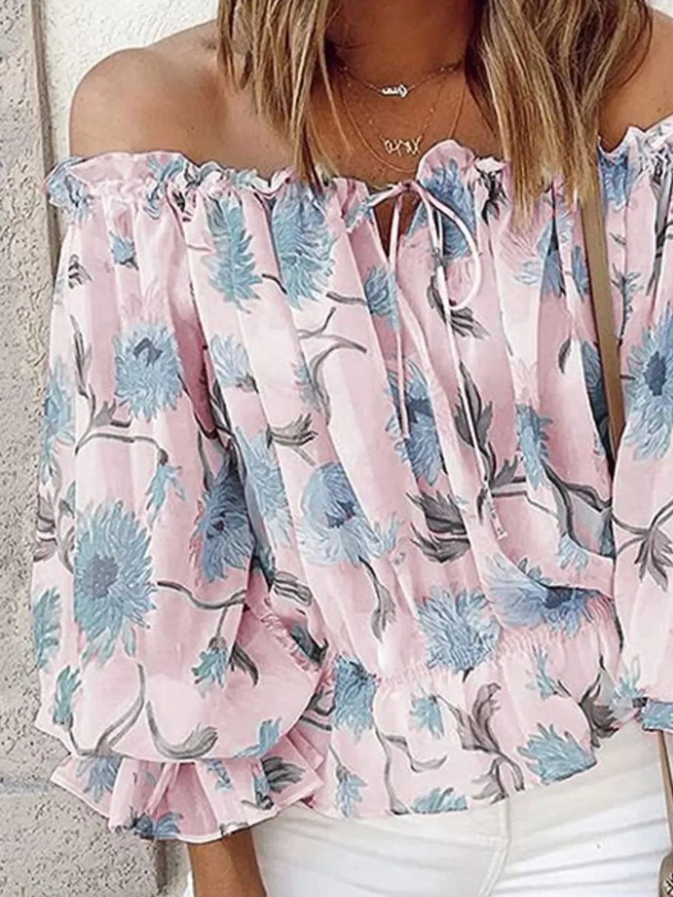 Off Shoulder Tied Ruffled Floral Print Blouse - Southern Shores Clothing
