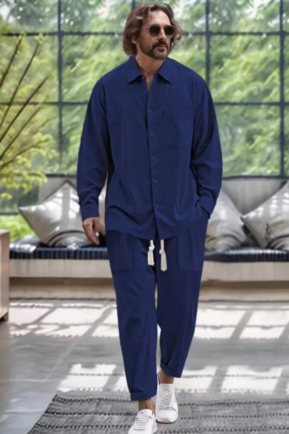 Men's Collared Neck Long Sleeve Top and Pants Set Plus Size - Southern Shores Clothing
