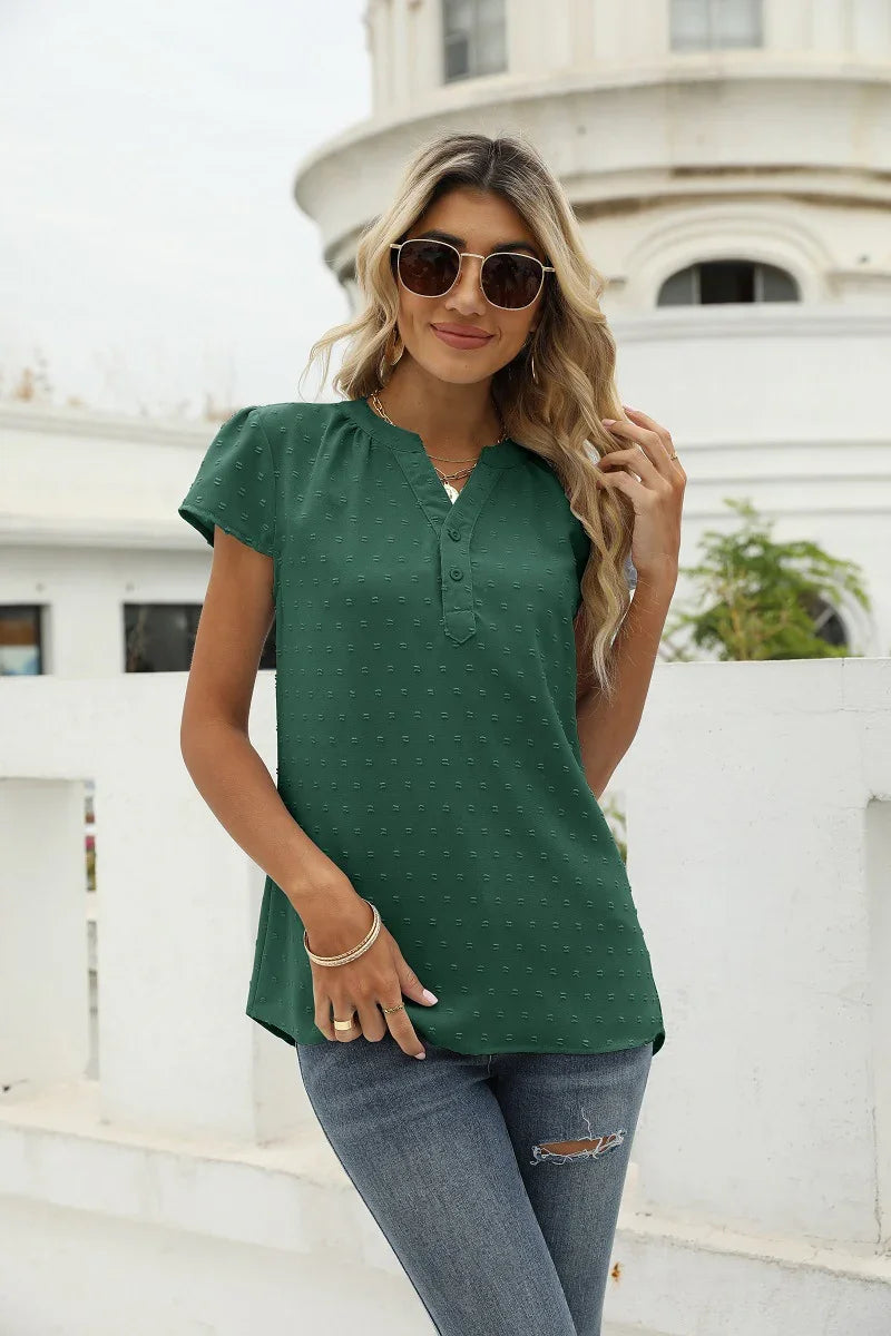 Swiss Dot Notched Neck Short Sleeve Top Casual Wear - Southern Shores Clothing