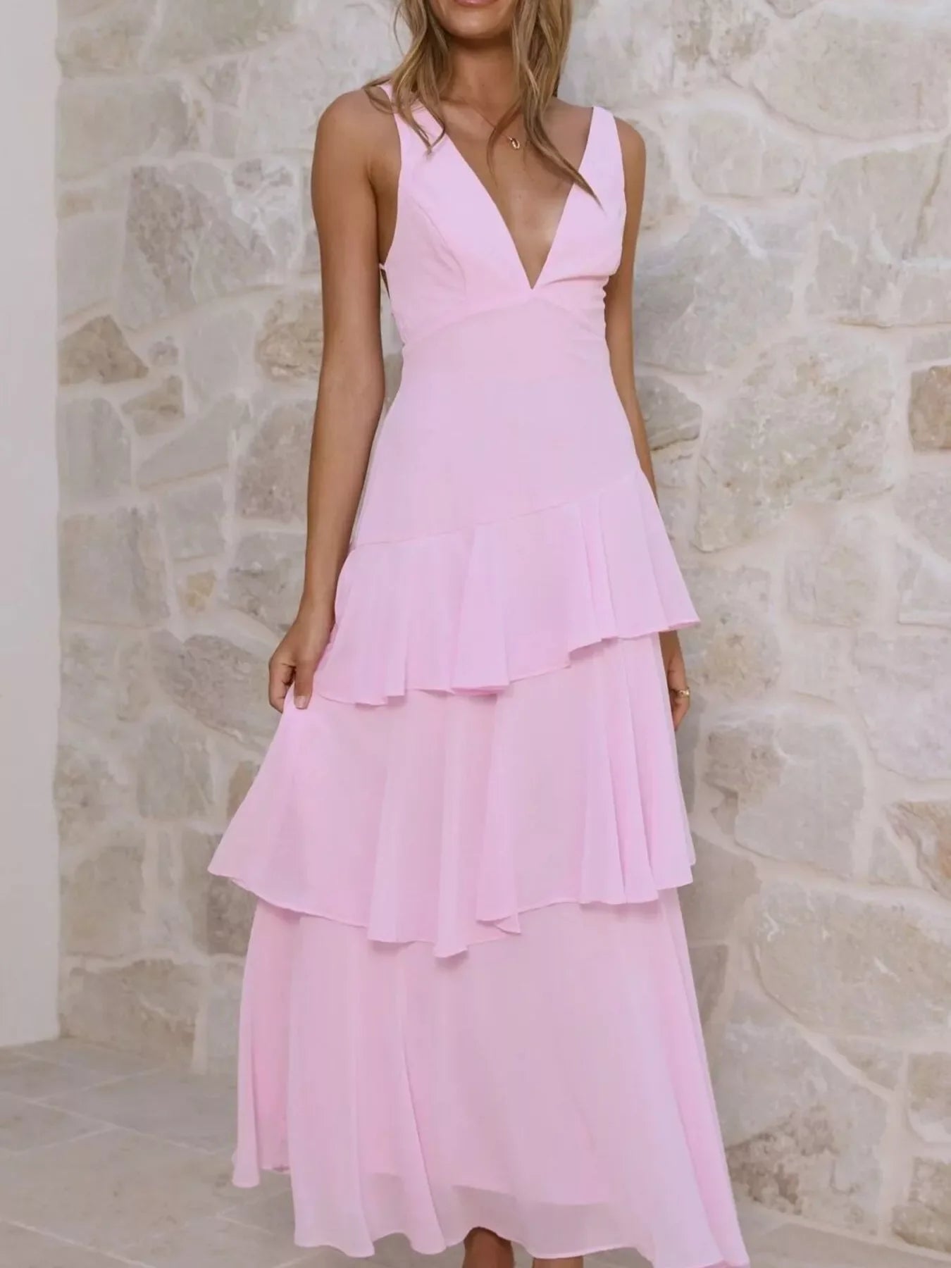 Sleeveless Ruffled Layered Backless Maxi Dress - Southern Shores Clothing
