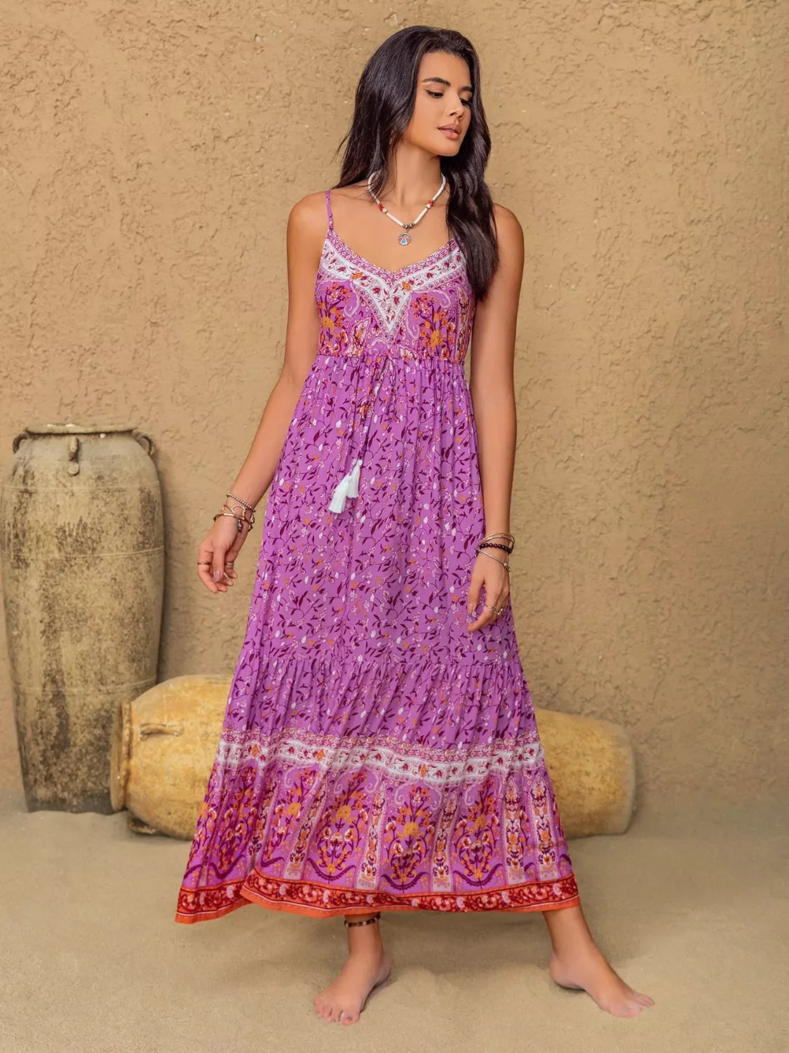 Tassel Floral Print Viscose Cami Maxi Dress With Tassel Detail - Southern Shores Clothing