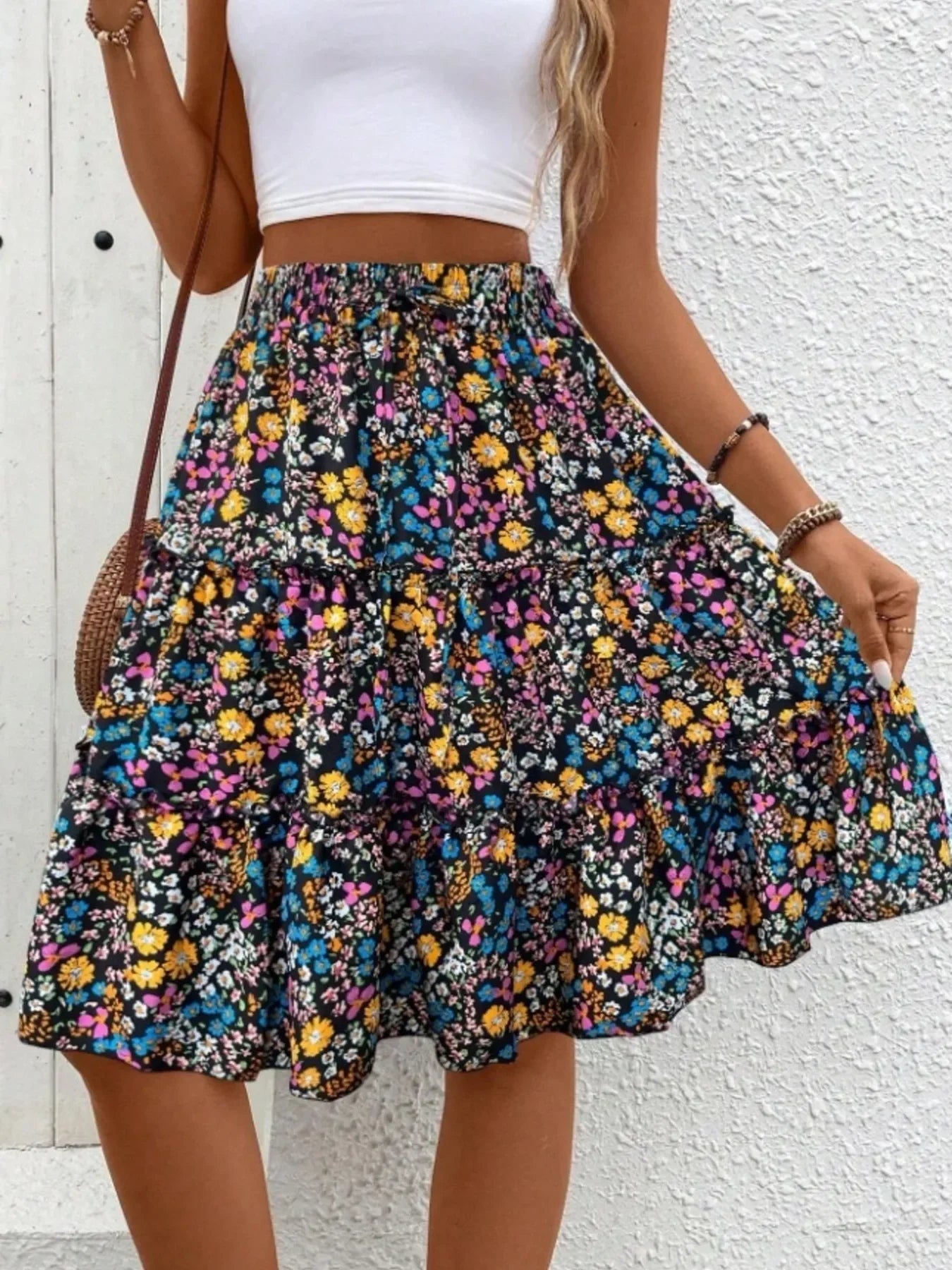 Floral Print Midi Skirt Lightweight Fabric - Southern Shores Clothing
