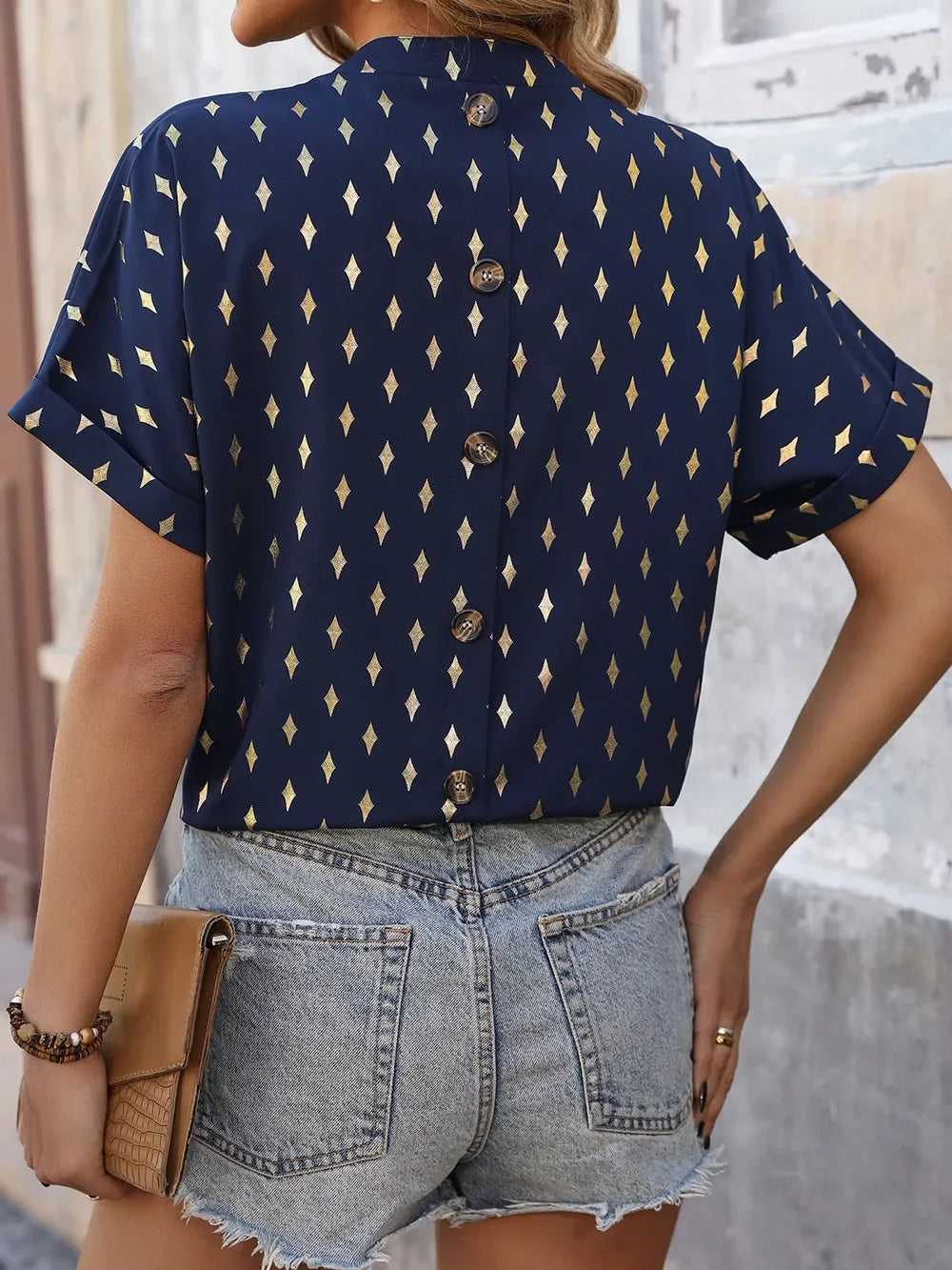 Printed Notched Short Sleeve Blouse For Adults - Southern Shores Clothing
