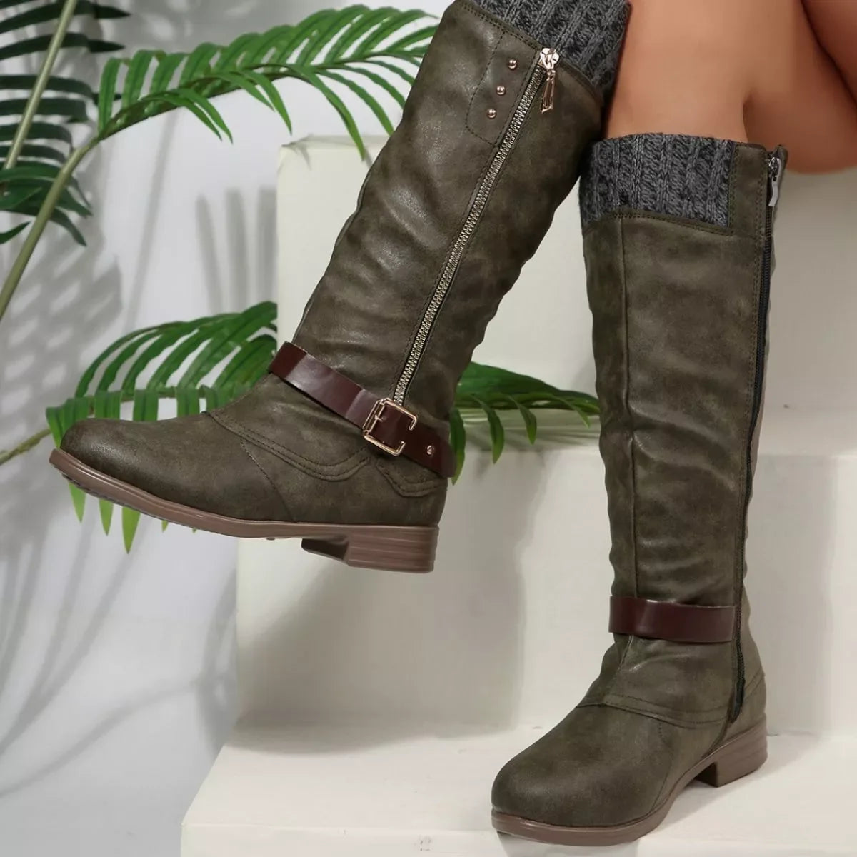 Round Toe Block Heel Boots Suede Rubber Casual