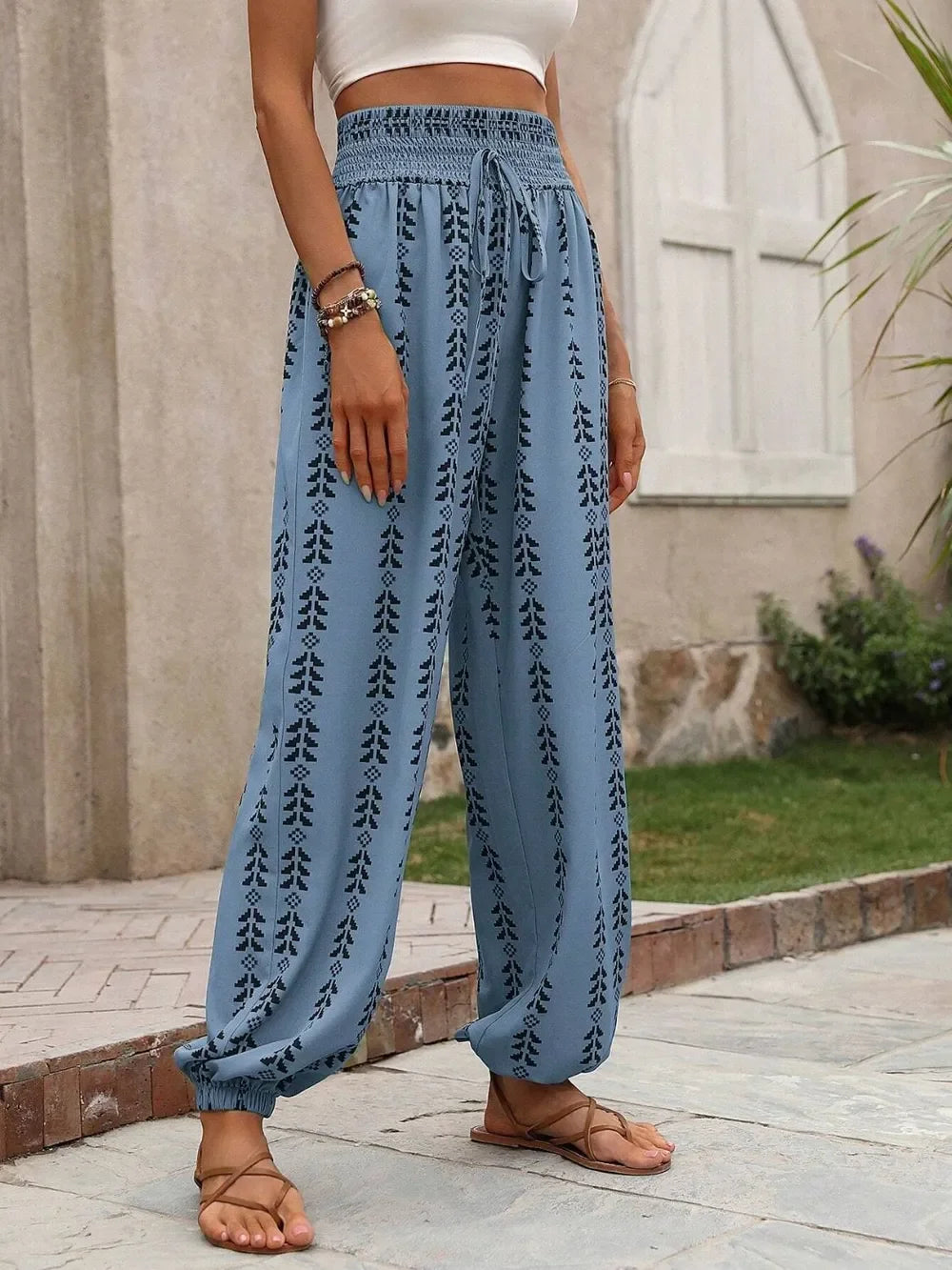 Tied Printed High Waist Wide Leg Pants With Drawstring Tie - Southern Shores Clothing