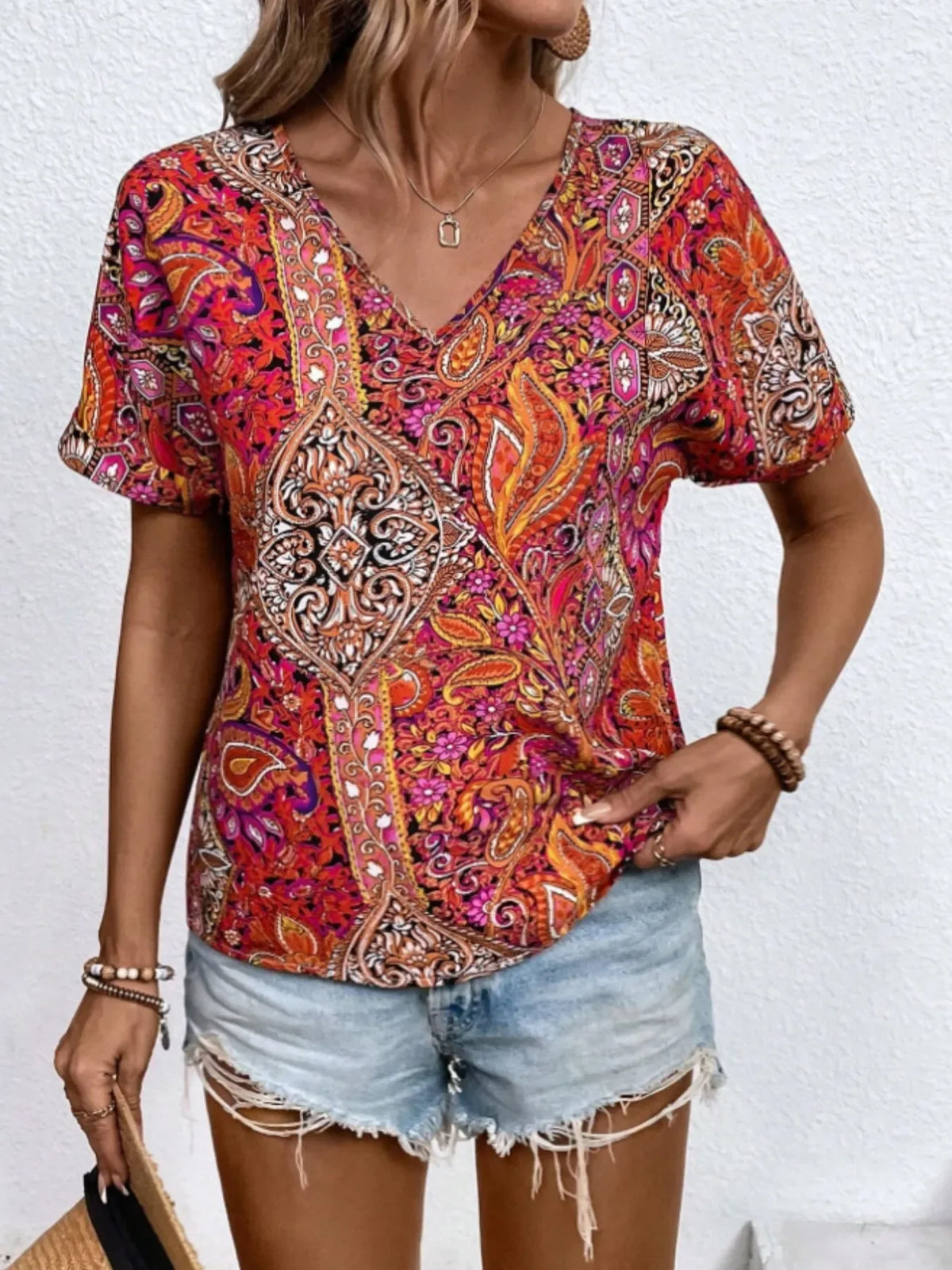 Bohemian Paisley Print V-Neck Short Sleeve T-Shirt - Southern Shores Clothing