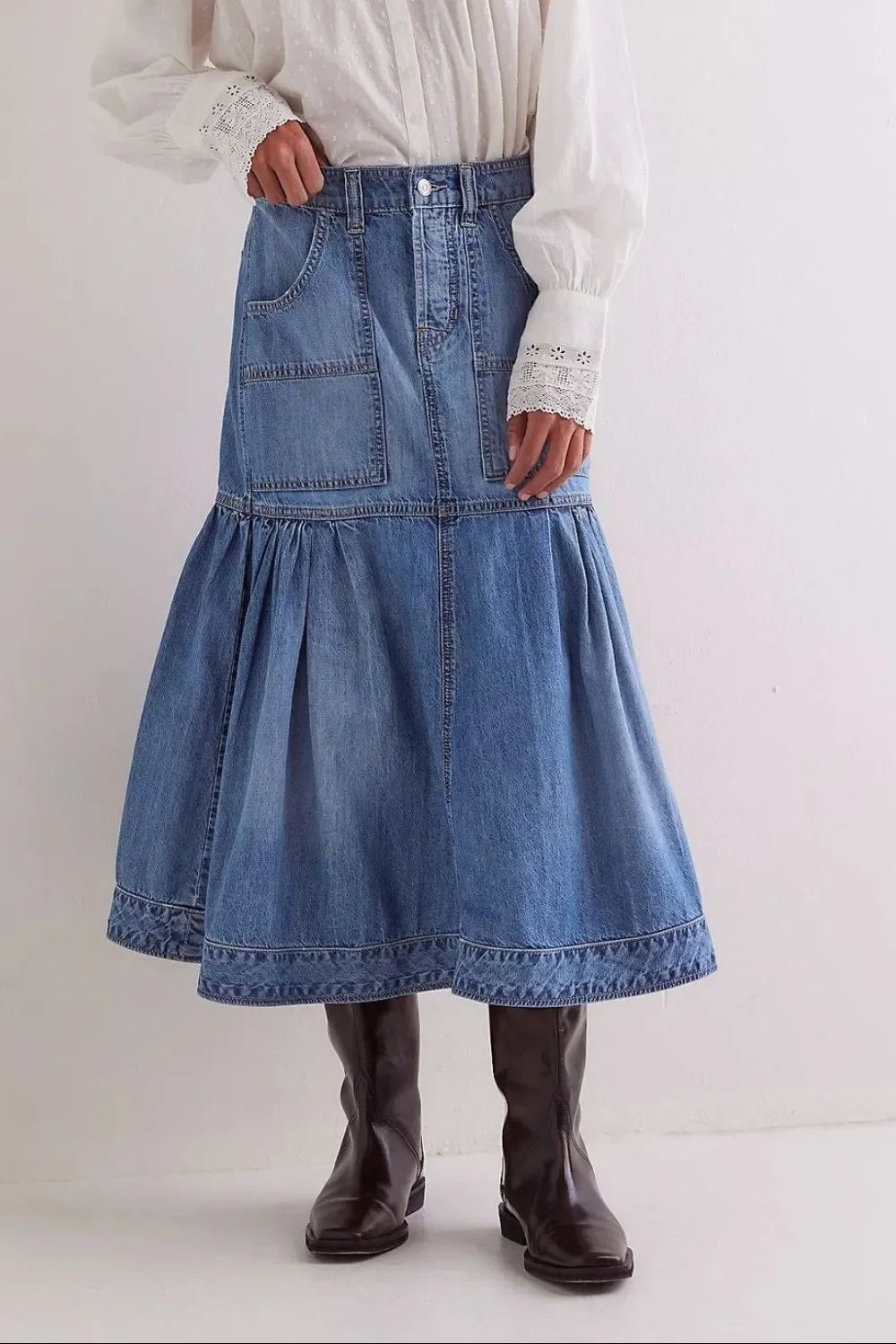 Relaxed Fit Midi Denim Skirt With Pockets - Southern Shores Clothing