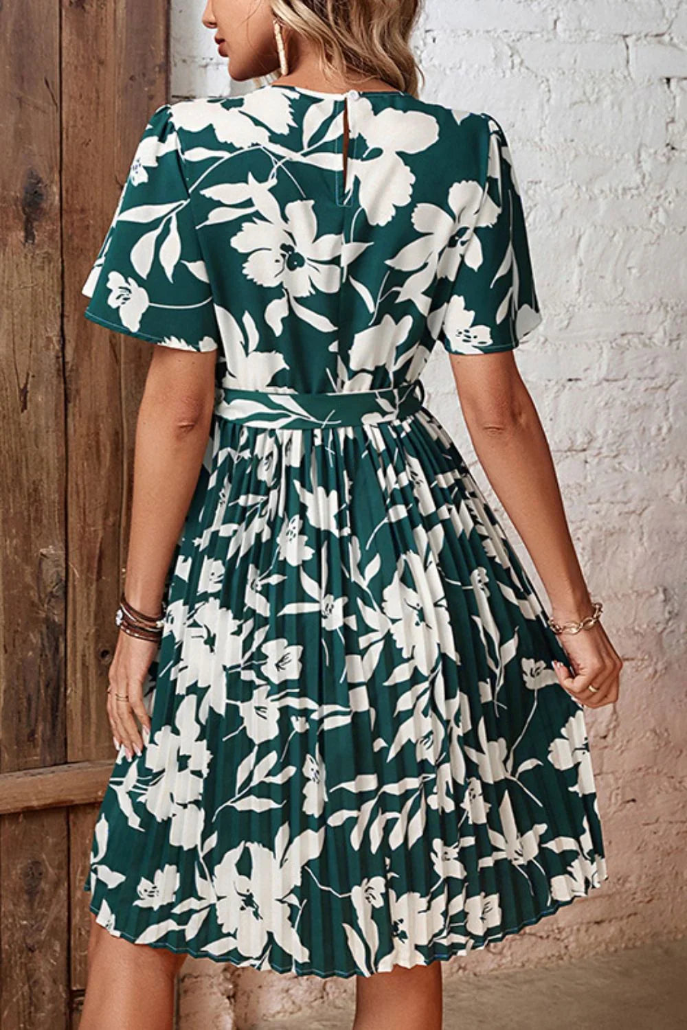Floral Round Neck Tie Belt Pleated Dress - Southern Shores Clothing