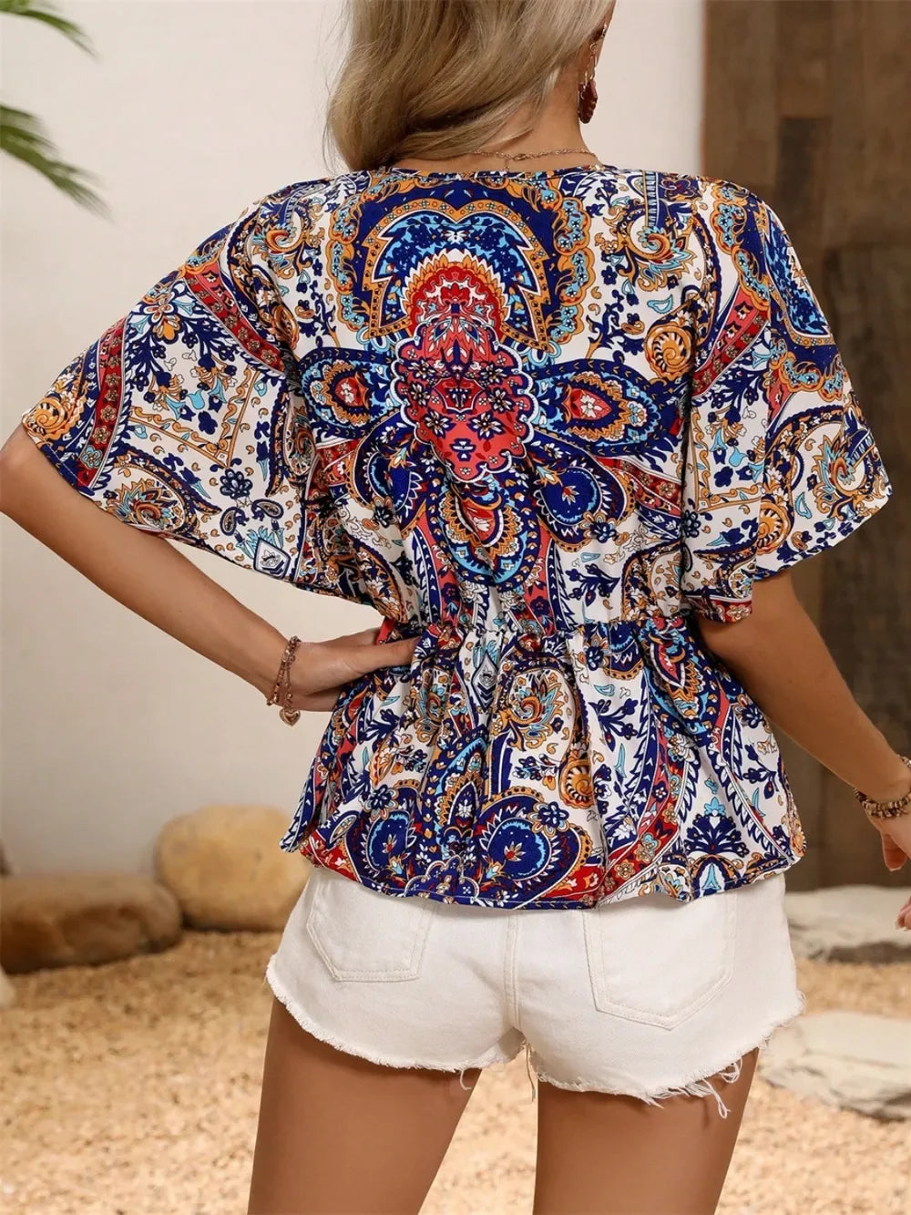 Printed Surplice Half Sleeve Blouse Casual Top - Southern Shores Clothing