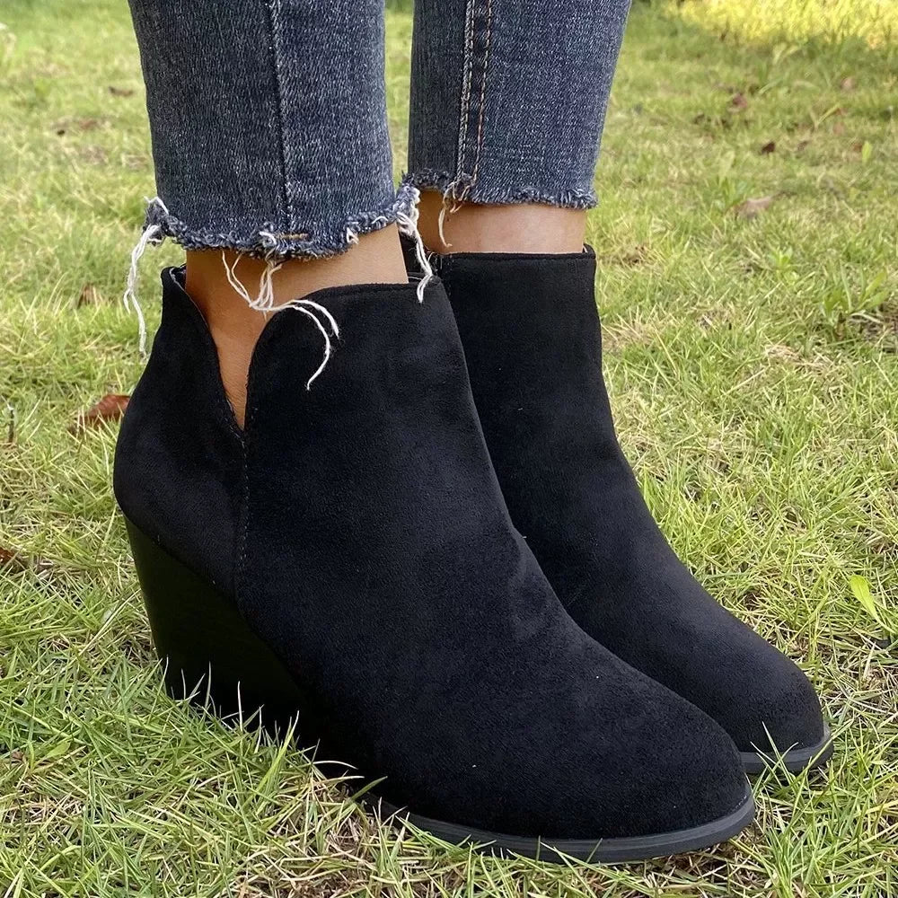 Suede Wedge Boots With Side Zipper Closure
