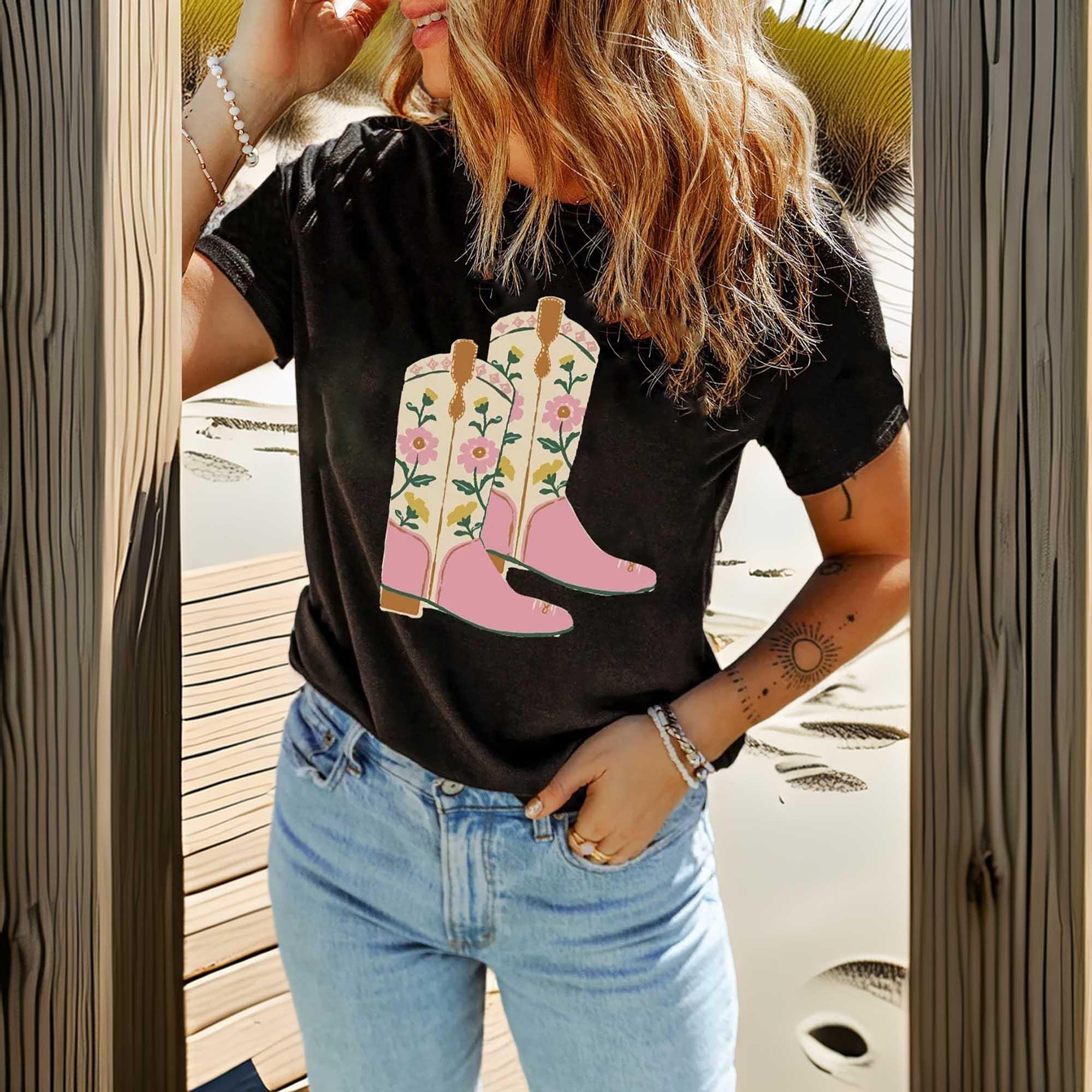 Floral Cowgirl Boots Graphic Tee With Stretchy Fabric - Southern Shores Clothing