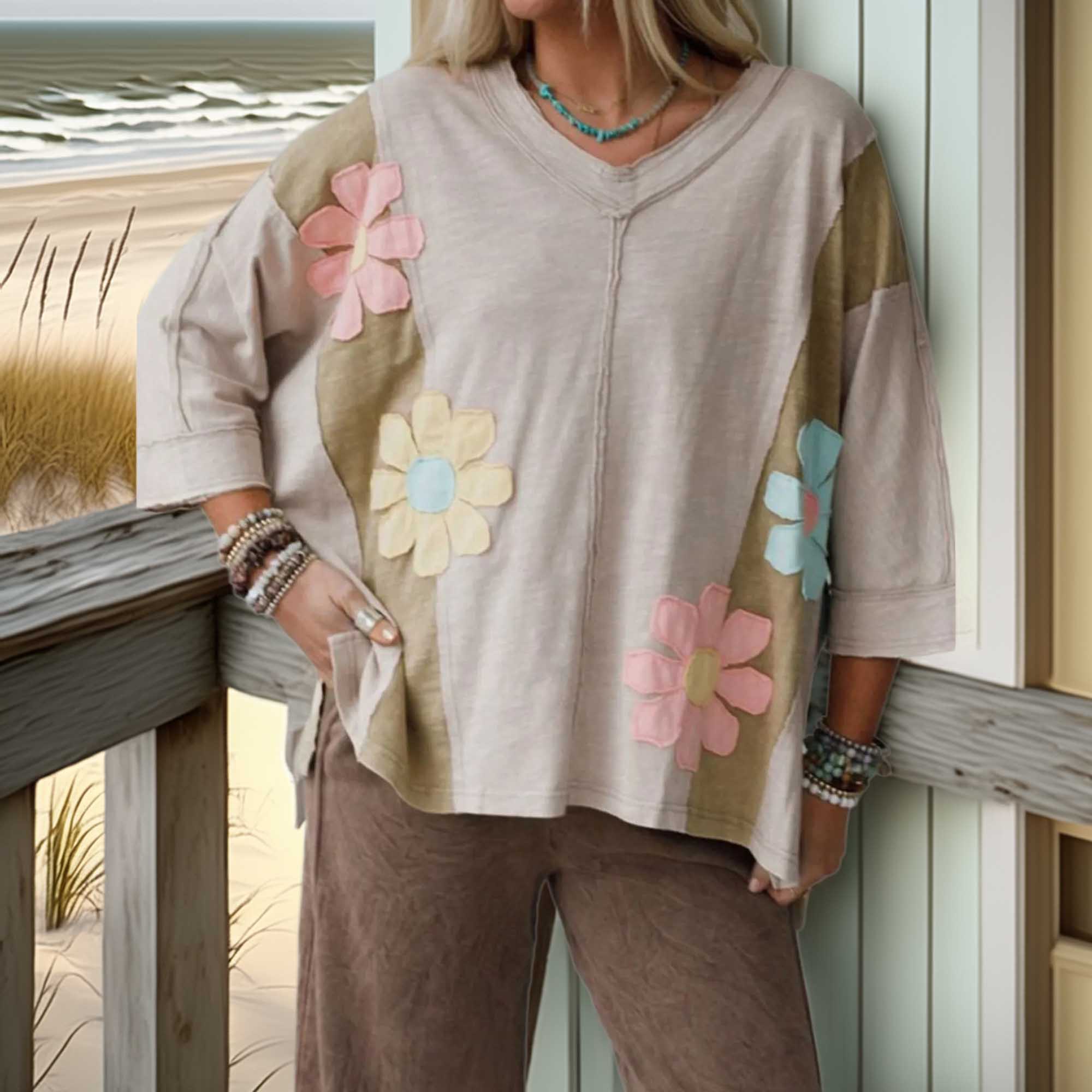 SYNZ Women's Floral Patch Color Block V-Neck T-Shirt