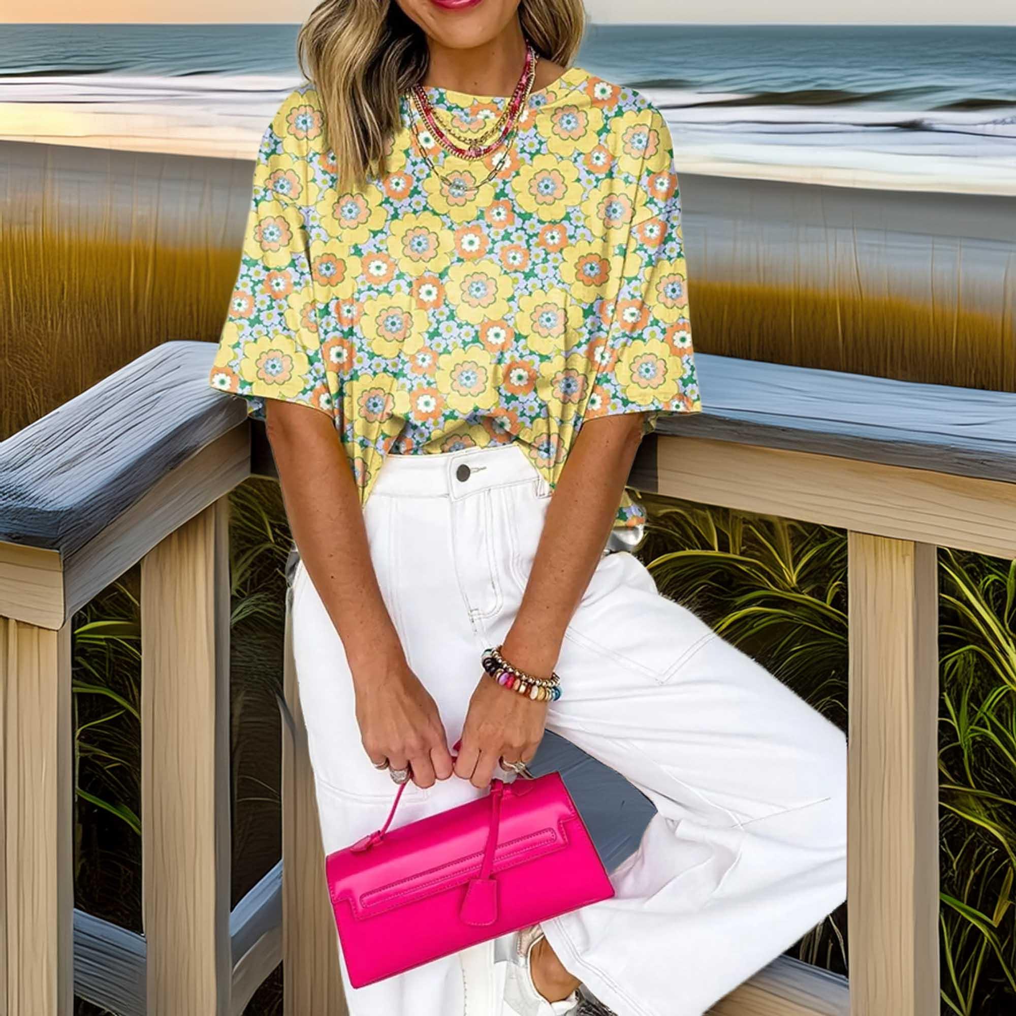 Floral Print Round Neck Oversized T Shirt - Southern Shores Clothing