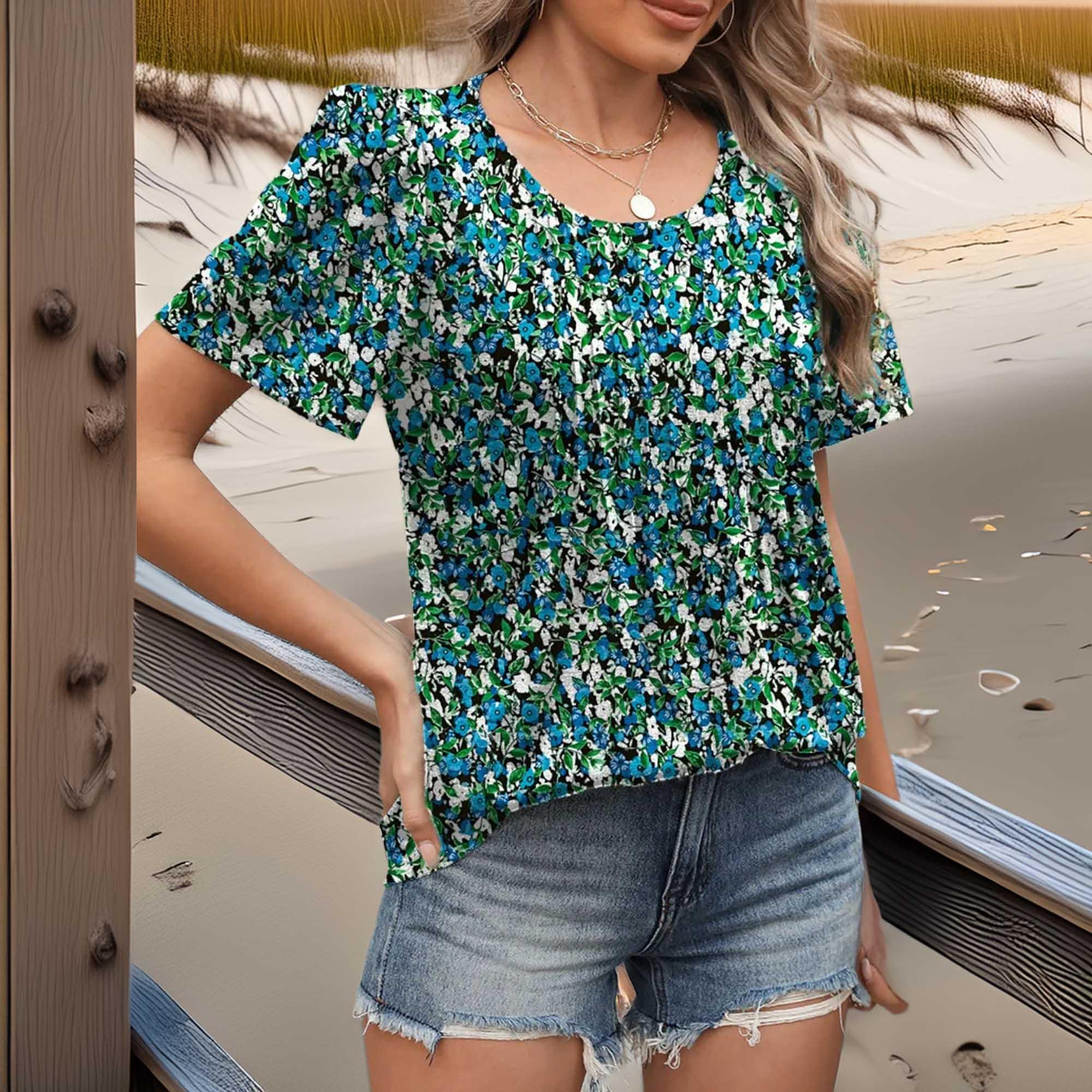 Floral Print Round Neck Short Sleeve T Shirt With Stretch - Southern Shores Clothing