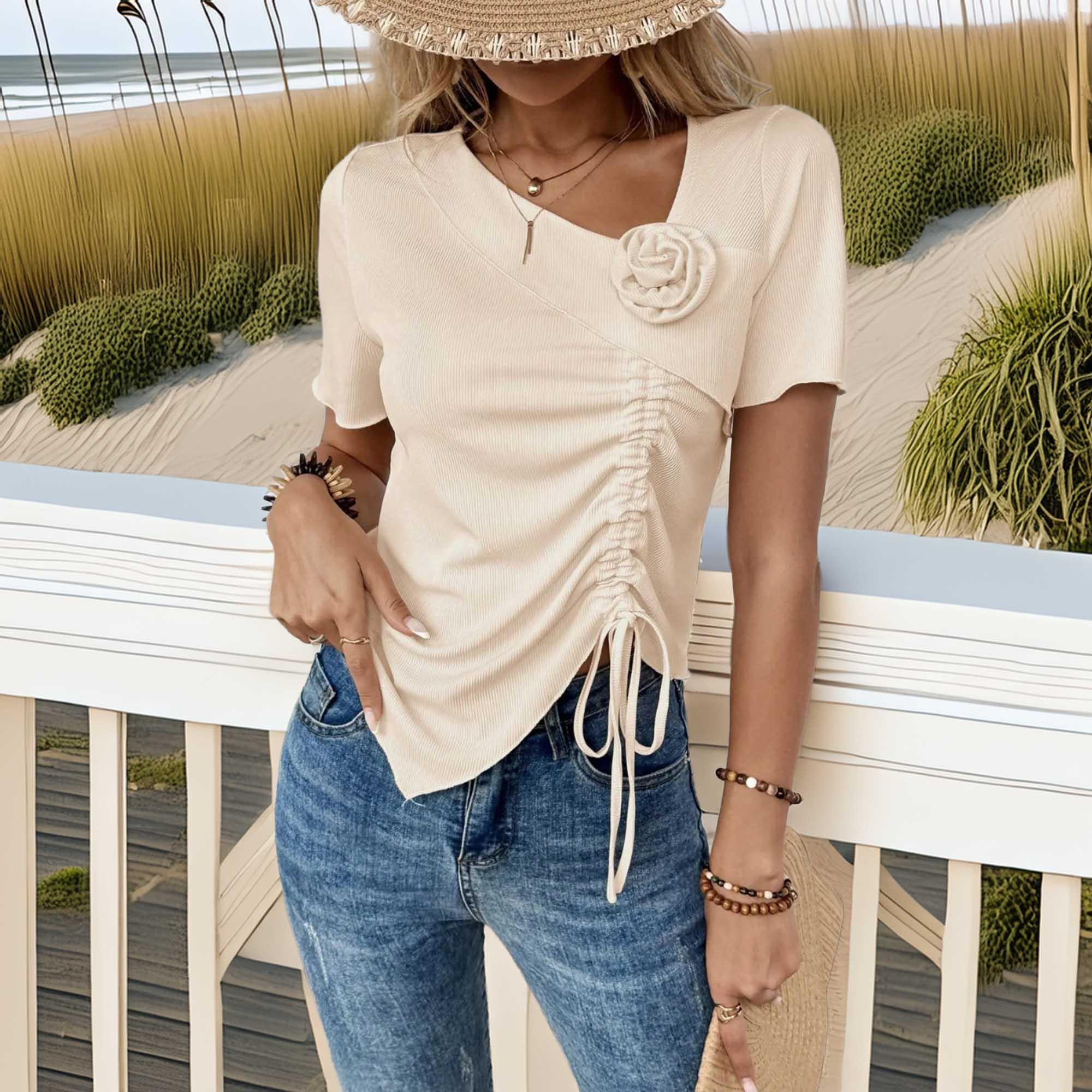 Floral Drawstring Ruched Front Stretch Knit Top - Southern Shores Clothing